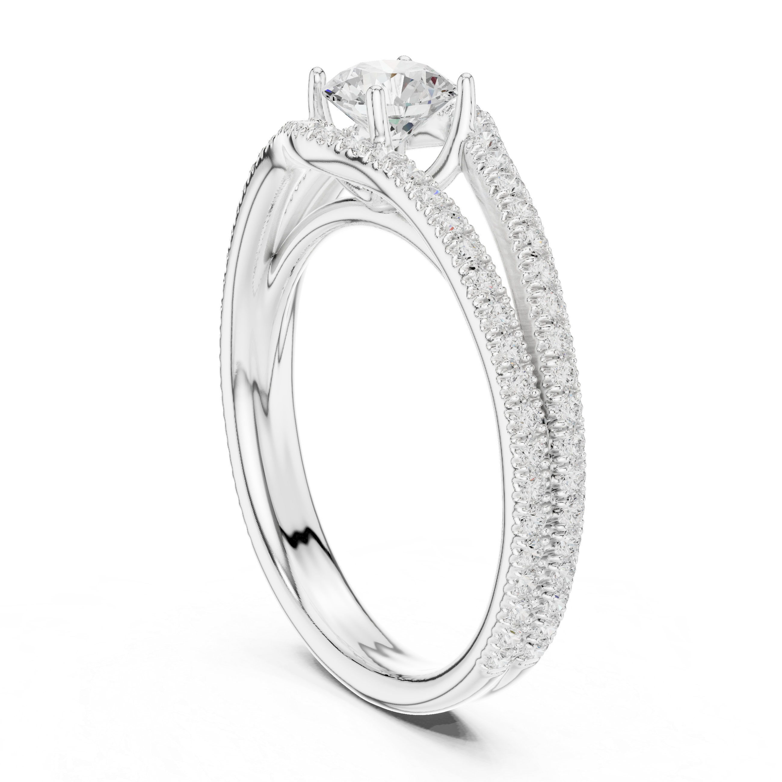 Double Row Pavé Diamond Engagement Ring – Split Shank Solitaire Ring