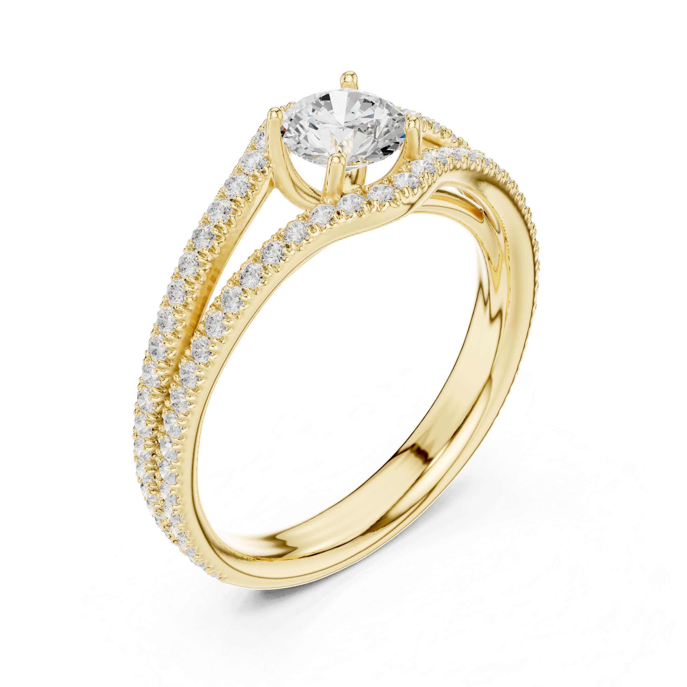 Double Row Pavé Diamond Engagement Ring – Split Shank Solitaire Ring