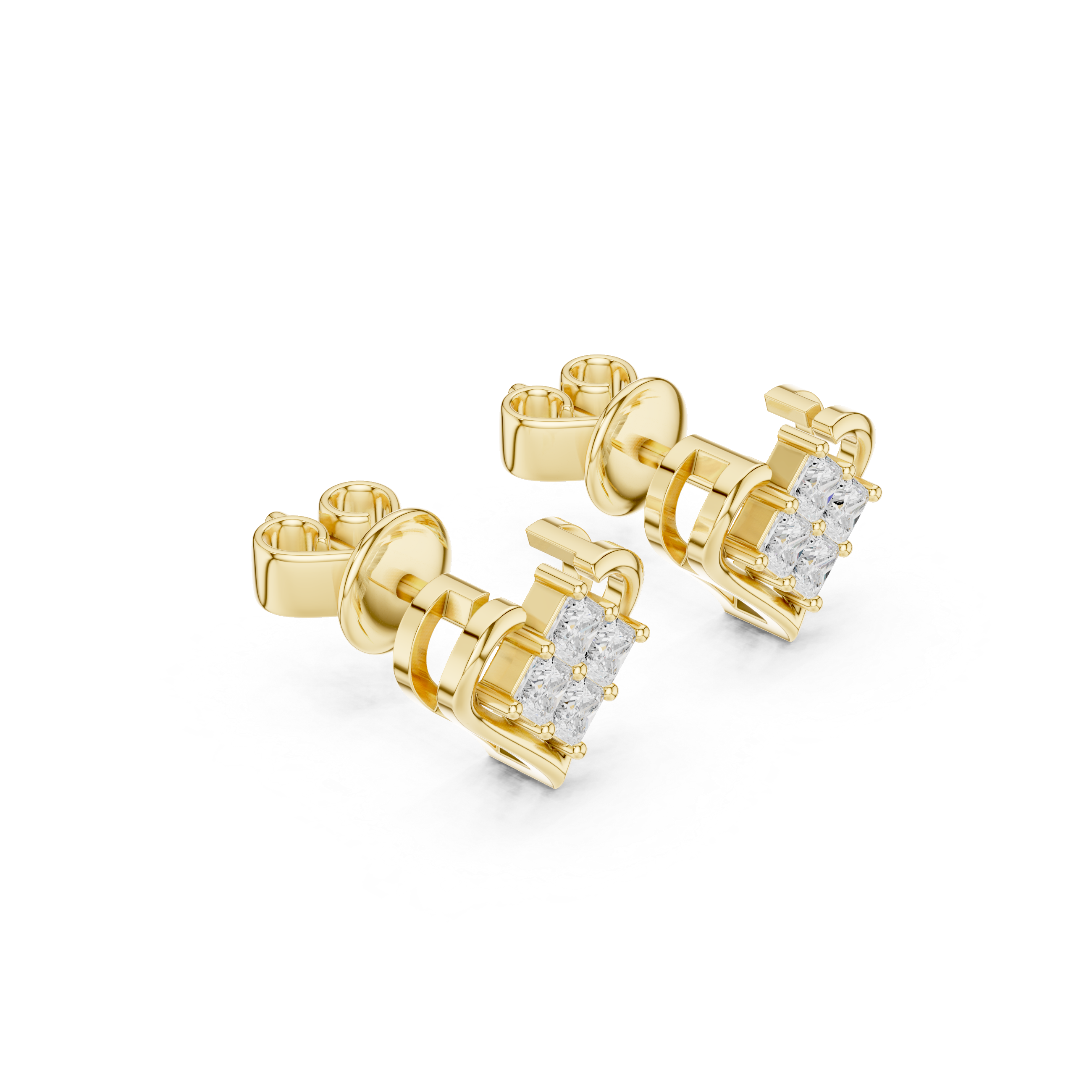 Heart Frame Princess Cut Diamond Cluster Stud Earrings
