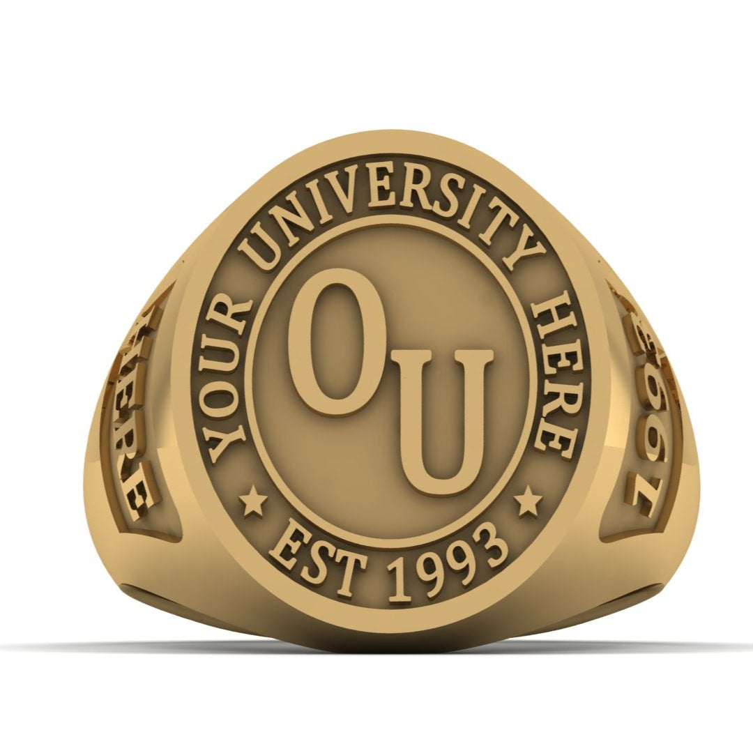 Gold university ring with customizable text on a white background
