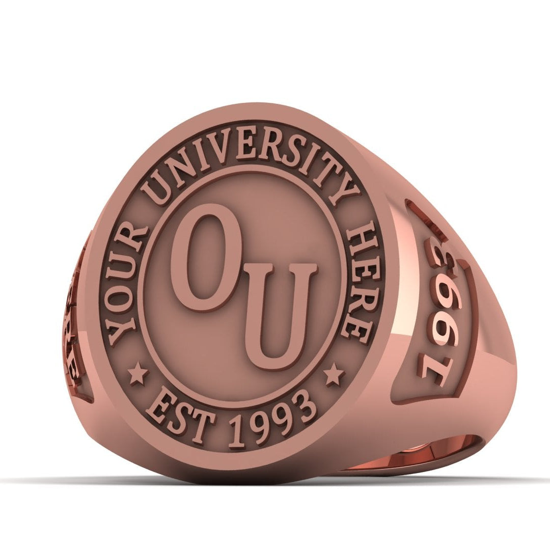 Rose gold university ring with customizable text on a white background