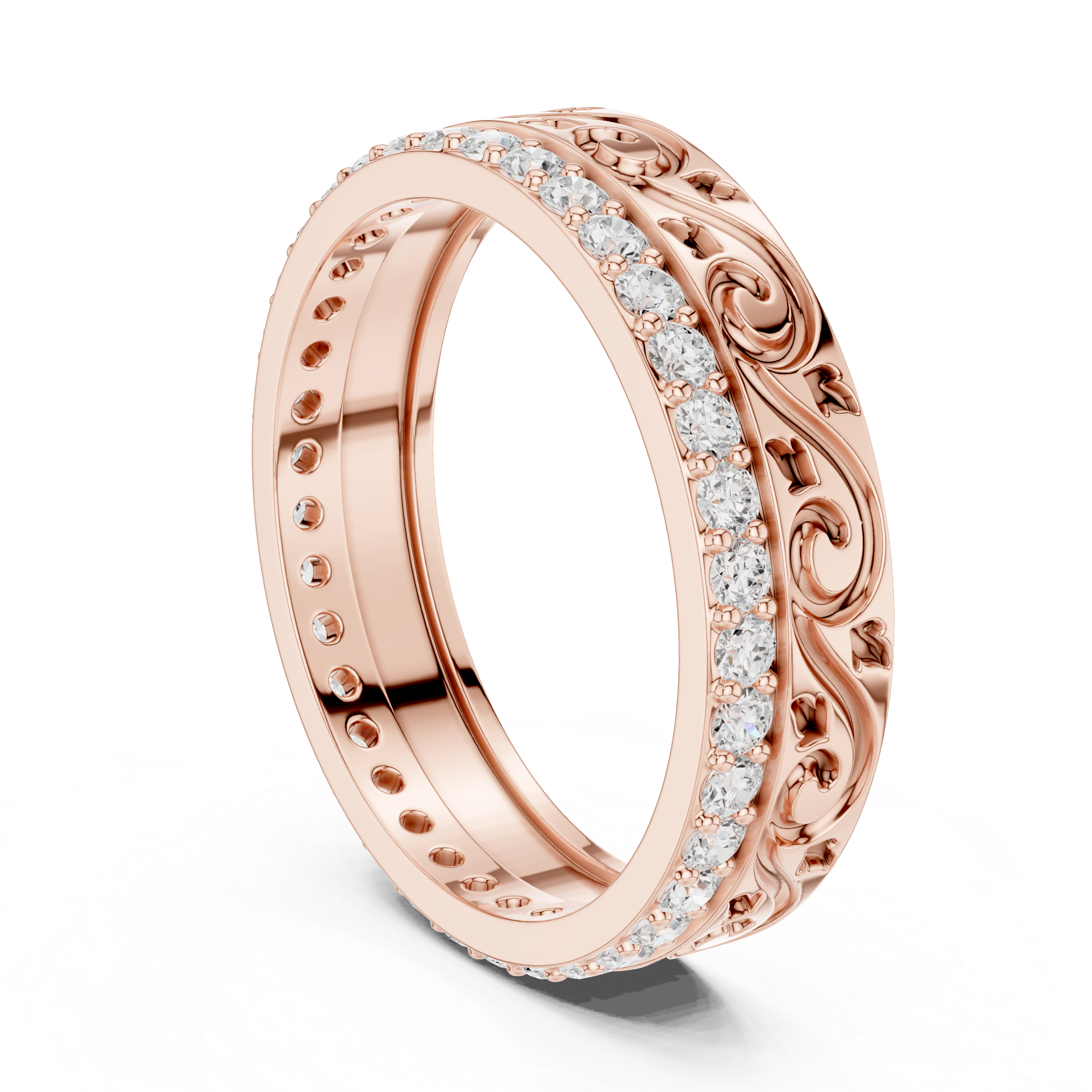 Vintage Scroll Diamond Band Ring – Ornate Engraved Pavé Wedding Band