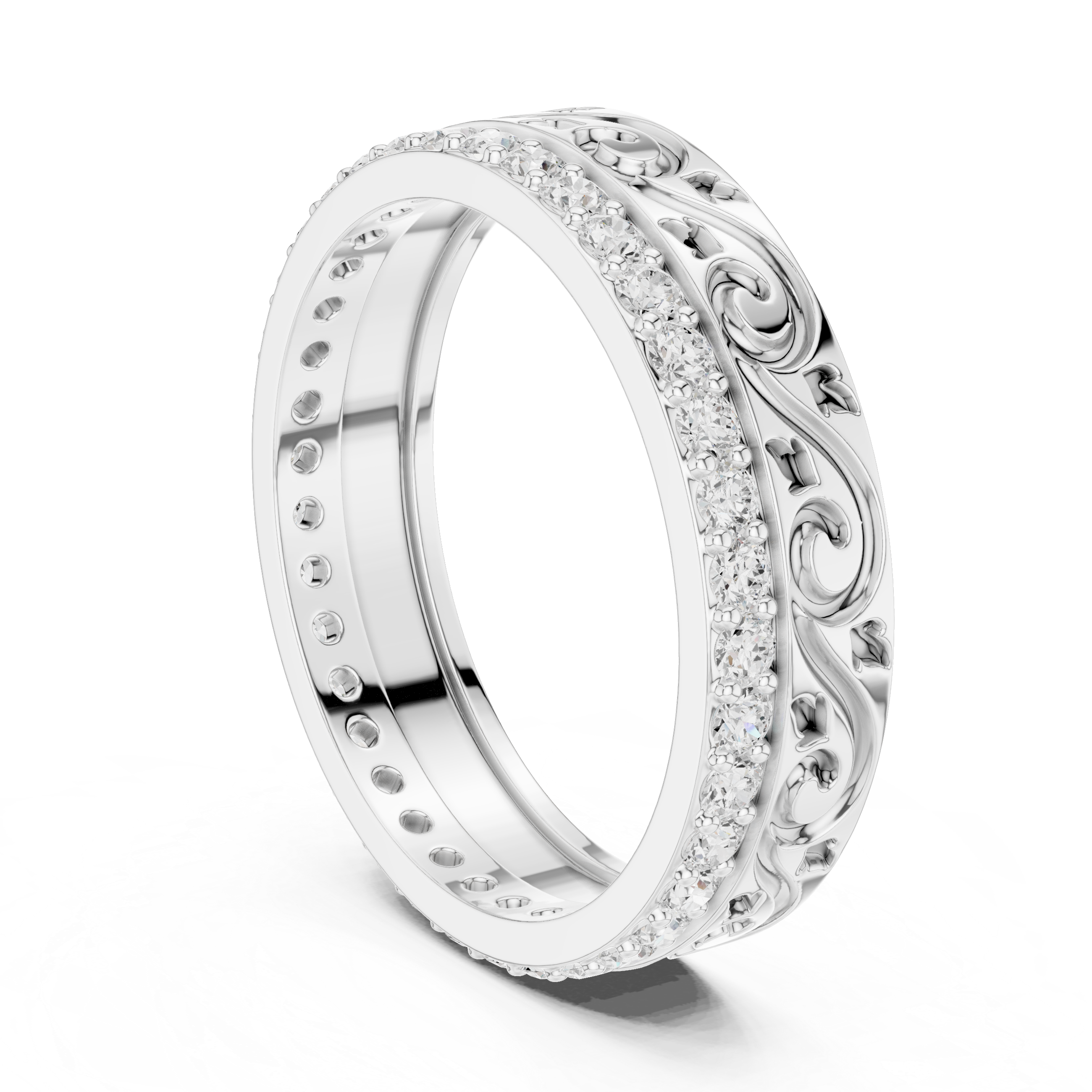 Vintage Scroll Diamond Band Ring – Ornate Engraved Pavé Wedding Band