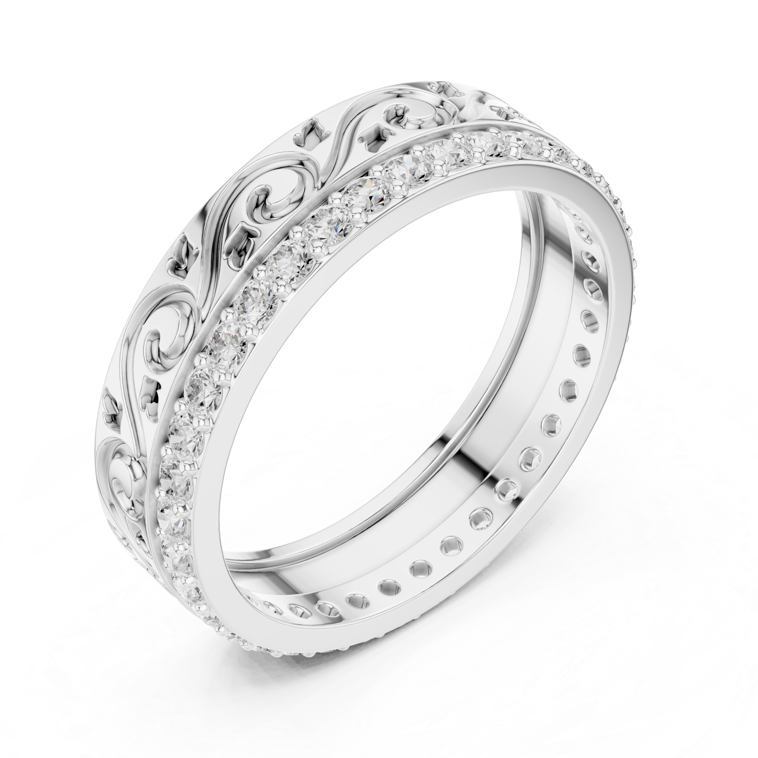 Vintage Scroll Diamond Band Ring – Ornate Engraved Pavé Wedding Band
