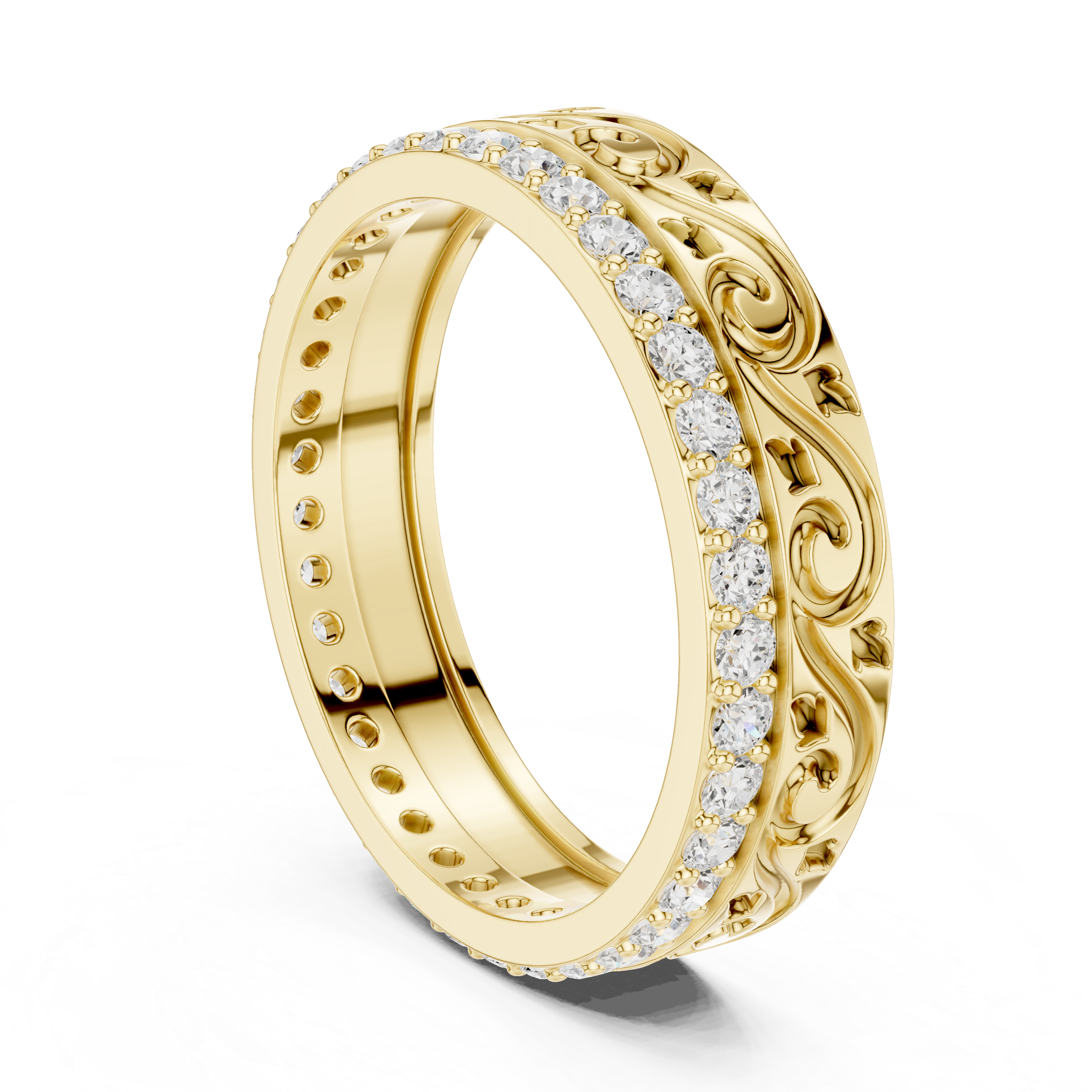 Vintage Scroll Diamond Band Ring – Ornate Engraved Pavé Wedding Band