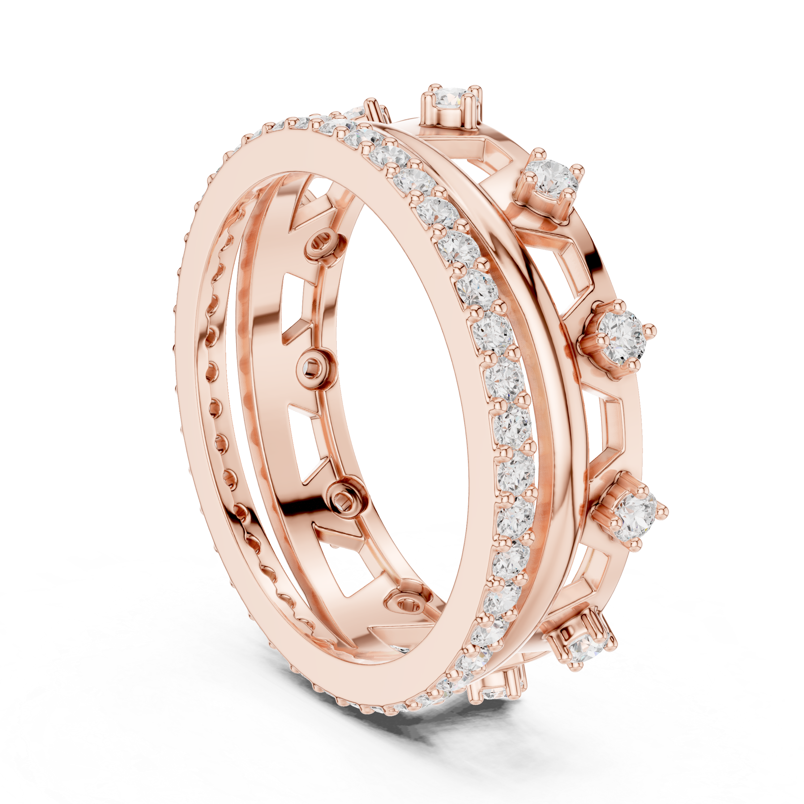Modern Double Layer Diamond Ring – Open Geometric Eternity Band