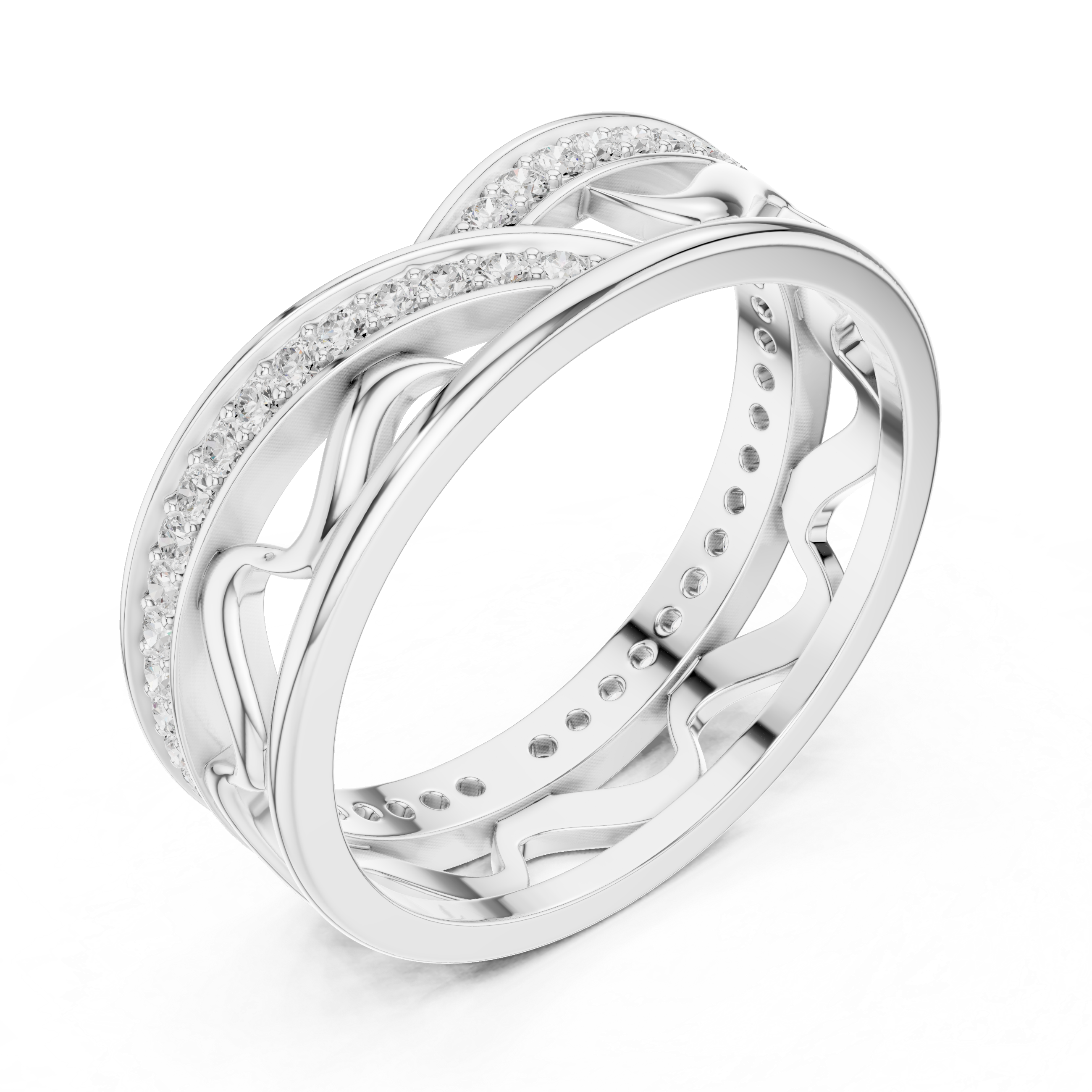 Modern Criss Cross Diamond Ring – Openwork Wave Pavé Band