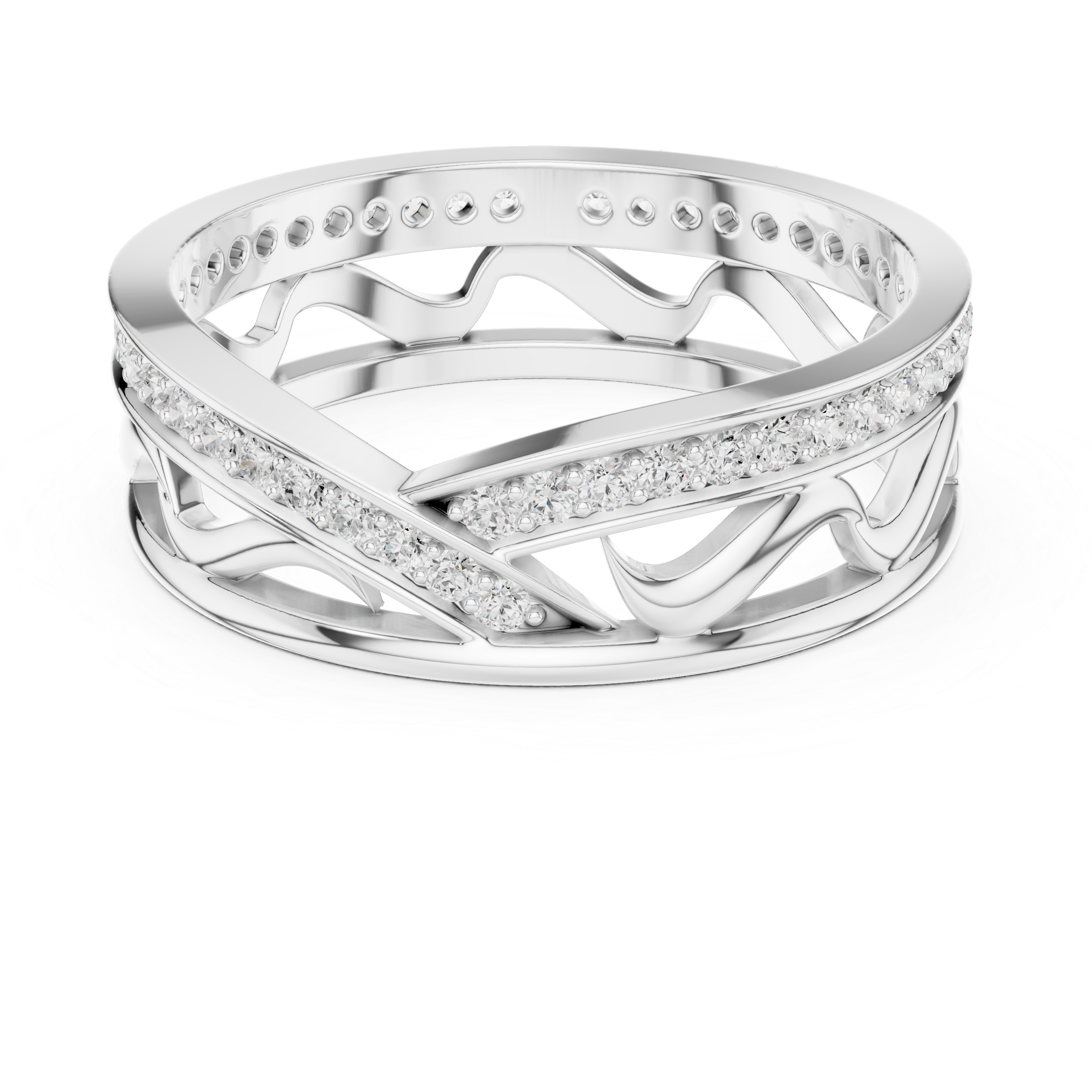 Modern Criss Cross Diamond Ring – Openwork Wave Pavé Band