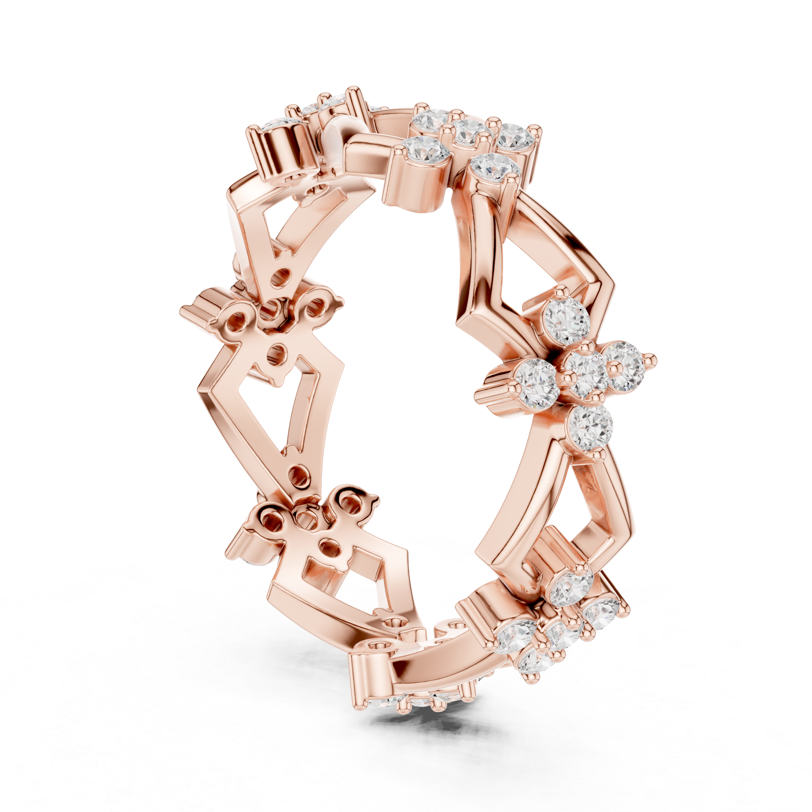 Geometric Floral Diamond Eternity Ring – Modern Openwork Statement Wedding Band