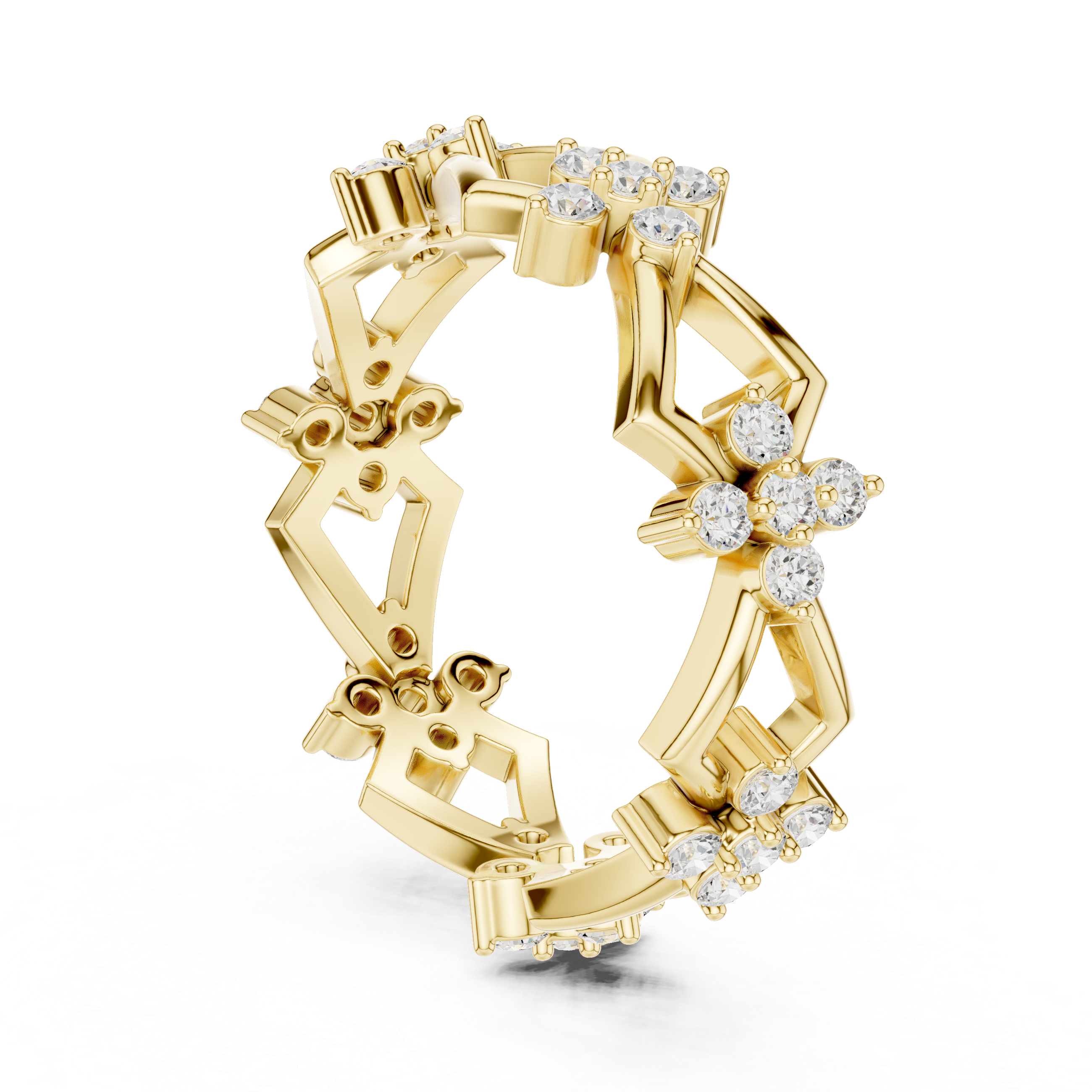 Geometric Floral Diamond Eternity Ring – Modern Openwork Statement Wedding Band