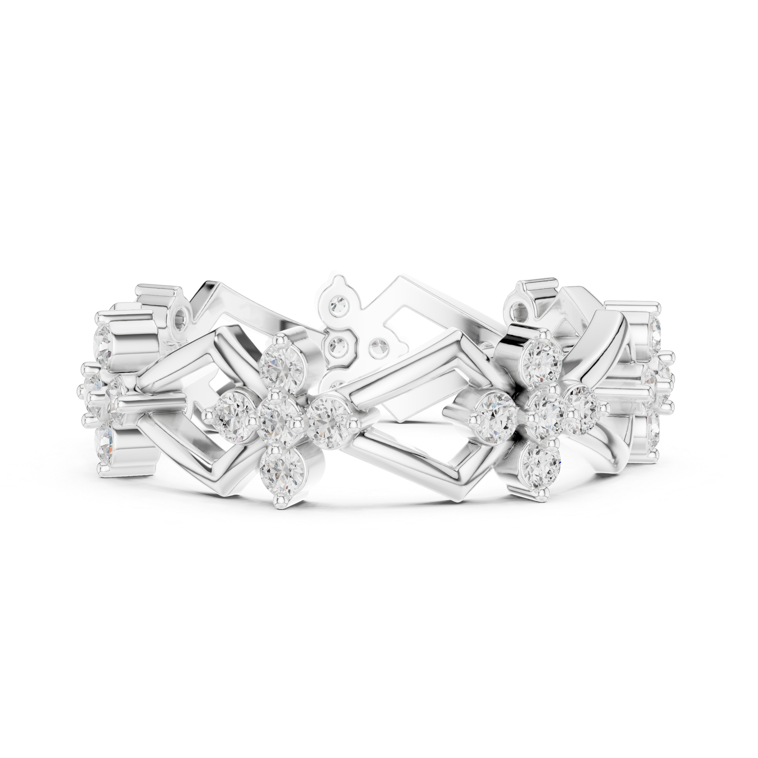 Geometric Floral Diamond Eternity Ring – Modern Openwork Statement Wedding Band