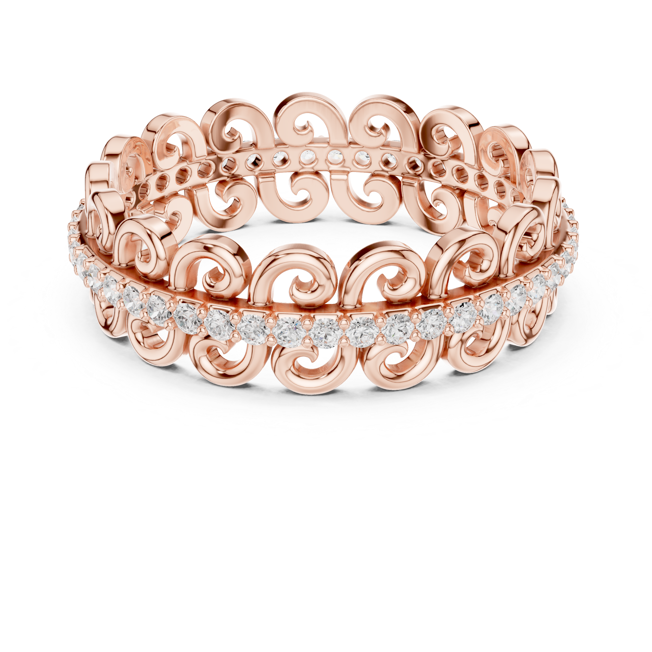Vintage Scroll Diamond Eternity Band – Ornamental Openwork Wedding Ring in White Gold
