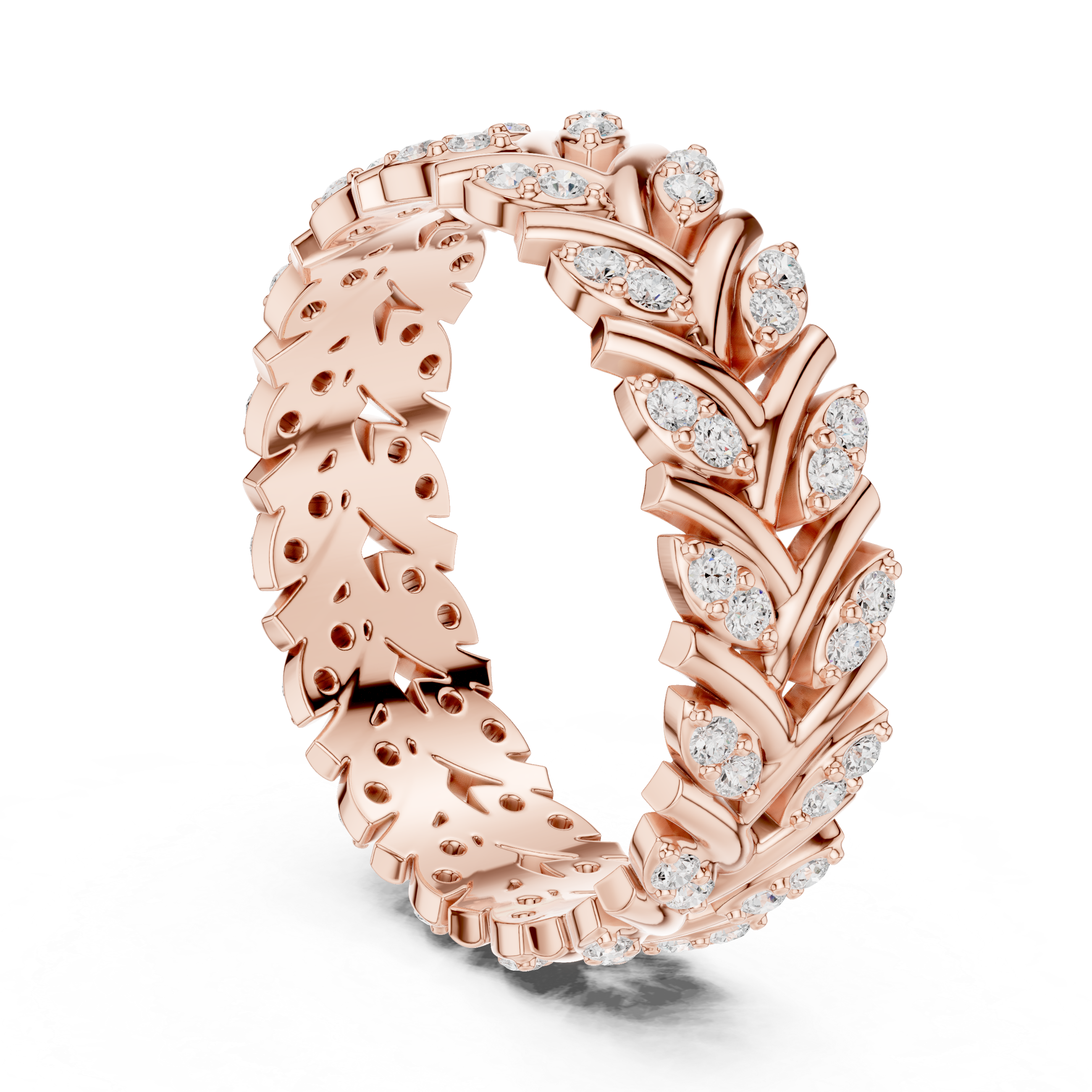Chevron Diamond Eternity Band – Vintage Leaf Pattern Wedding Ring in White Gold