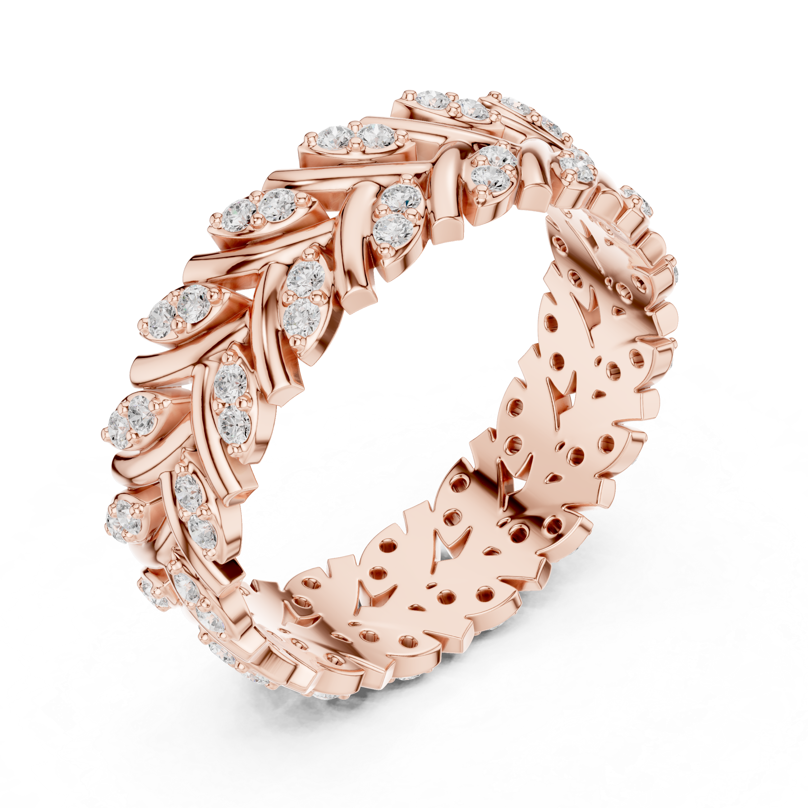 Chevron Diamond Eternity Band – Vintage Leaf Pattern Wedding Ring in White Gold