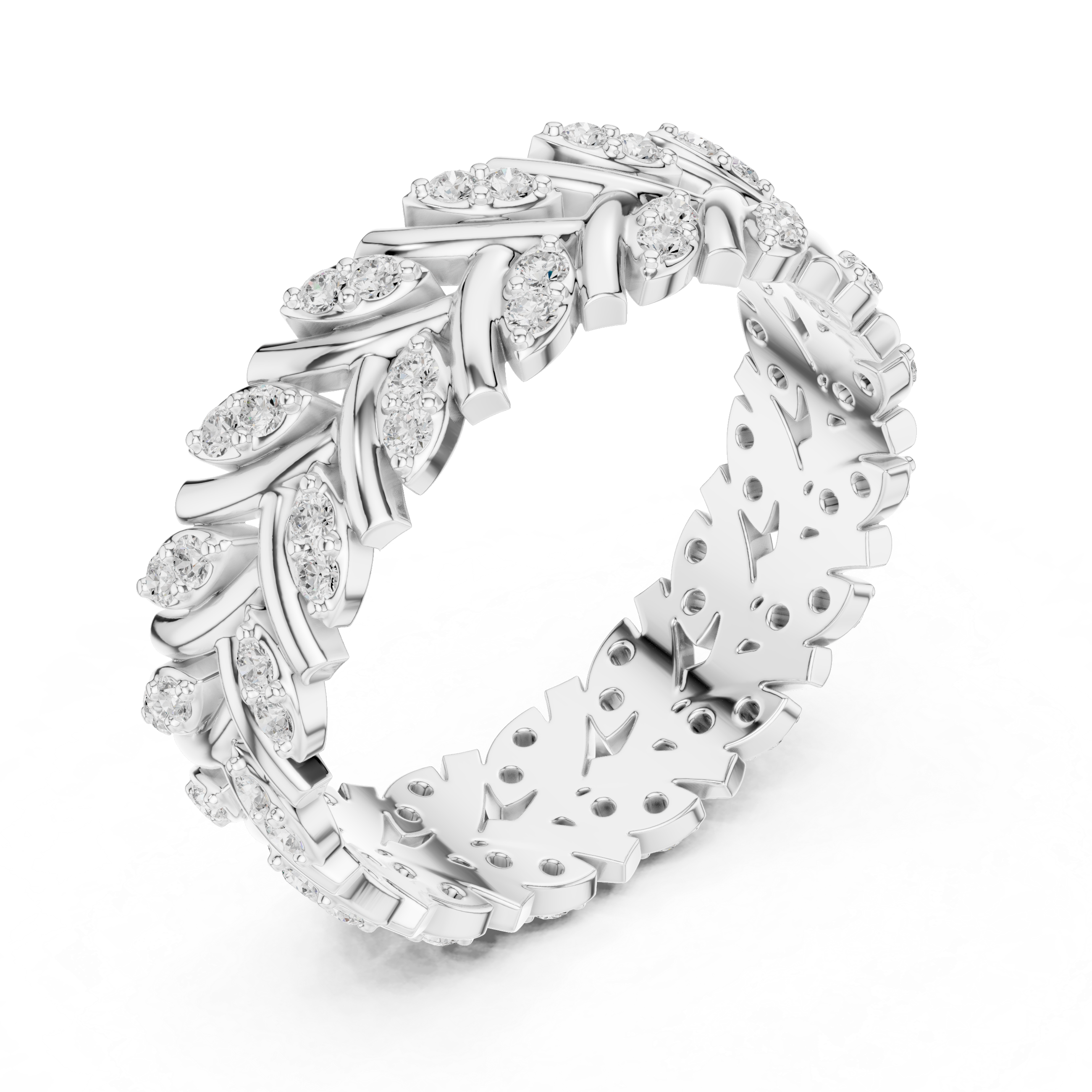 Chevron Diamond Eternity Band – Vintage Leaf Pattern Wedding Ring in White Gold