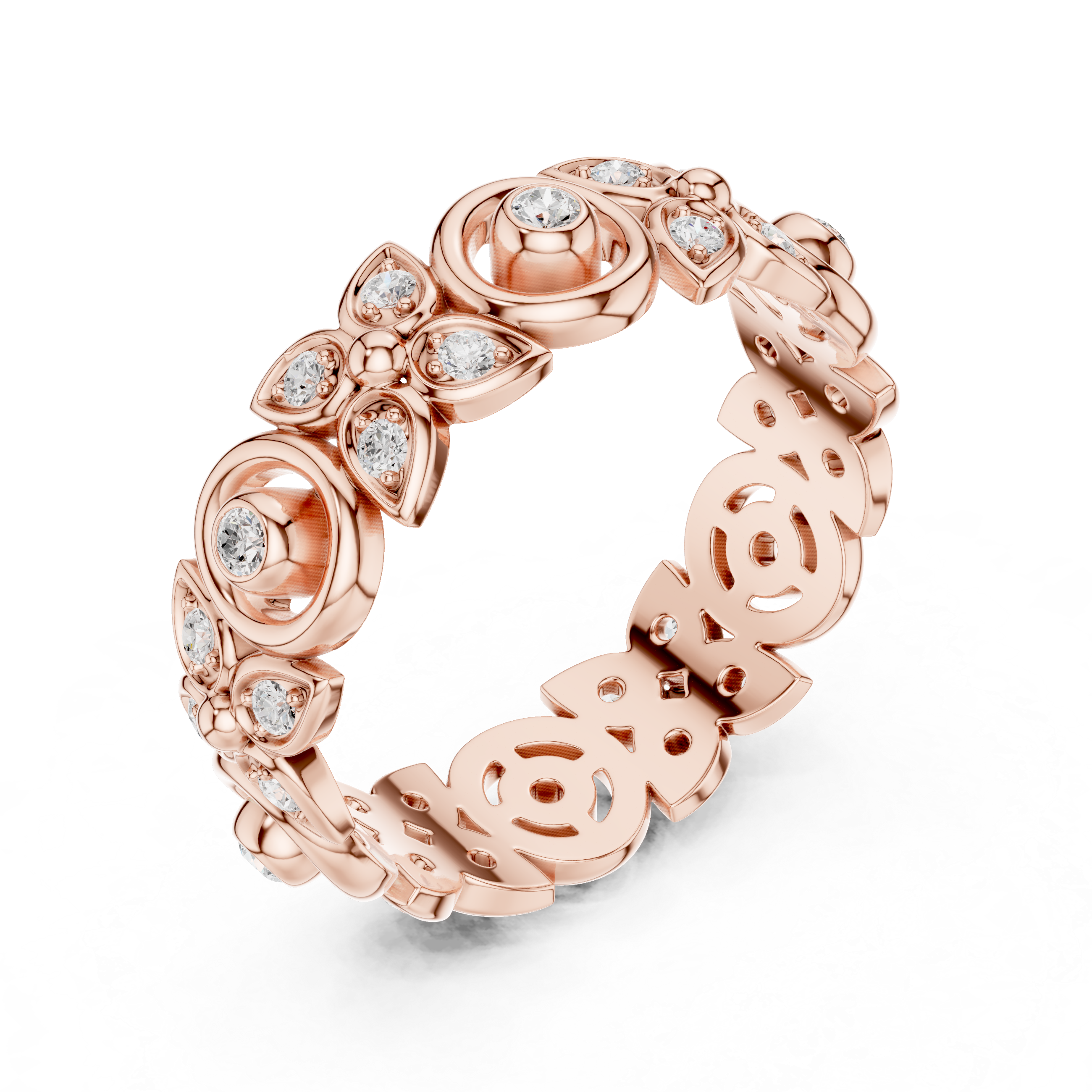 Vintage Floral Diamond Eternity Ring – Open Circle & Flower Pattern Band in Yellow Gold