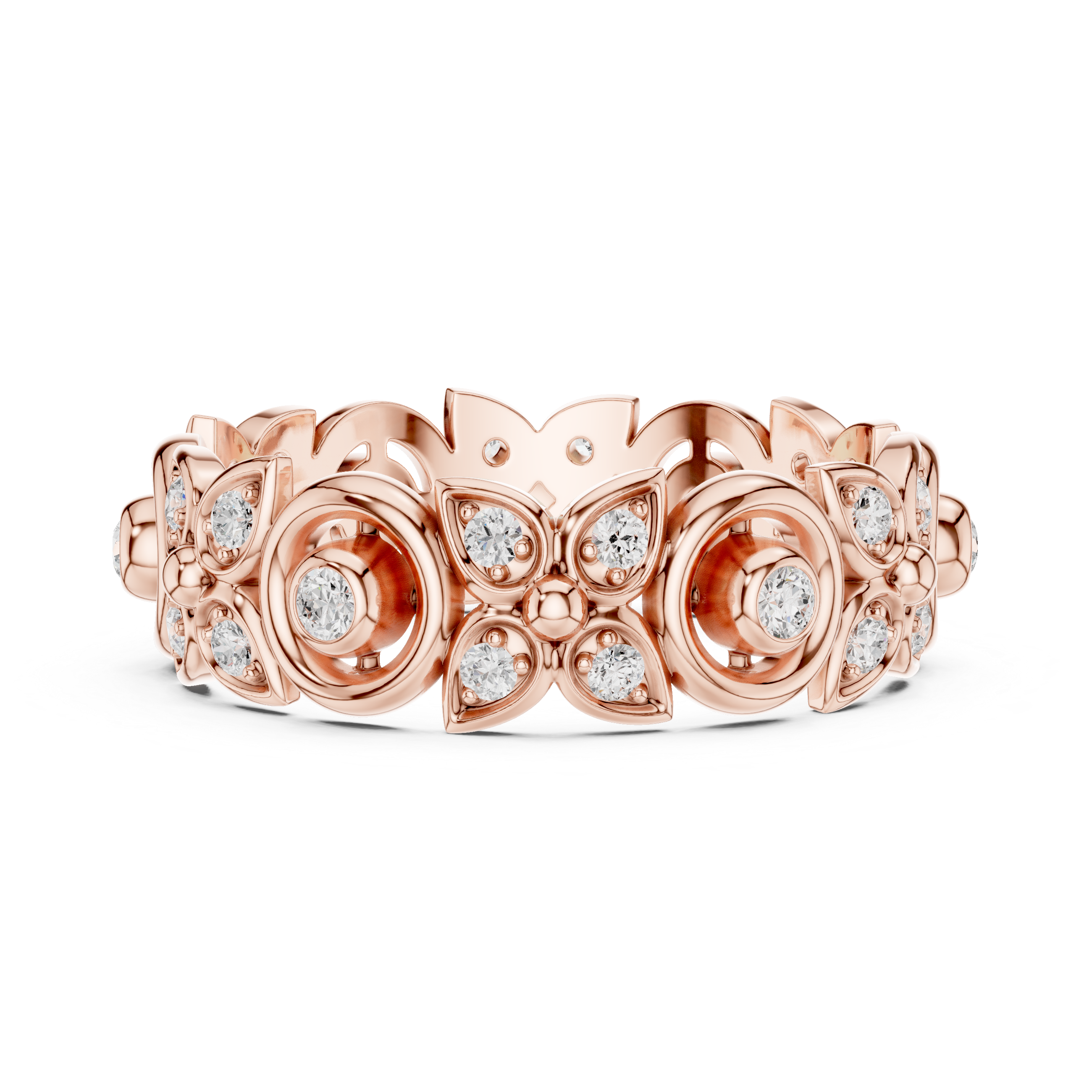 Vintage Floral Diamond Eternity Ring – Open Circle & Flower Pattern Band in Yellow Gold