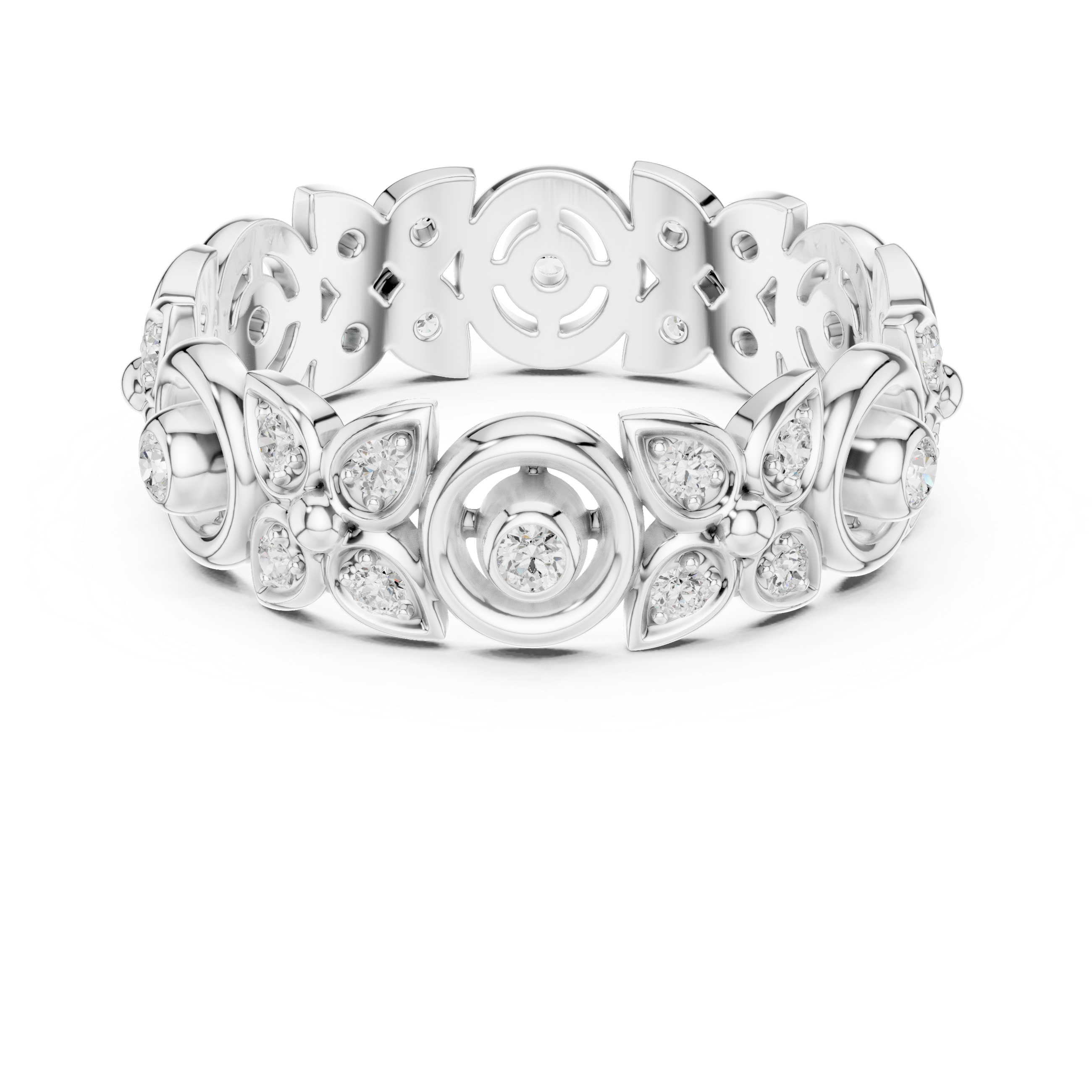 Vintage Floral Diamond Eternity Ring – Open Circle & Flower Pattern Band in Yellow Gold