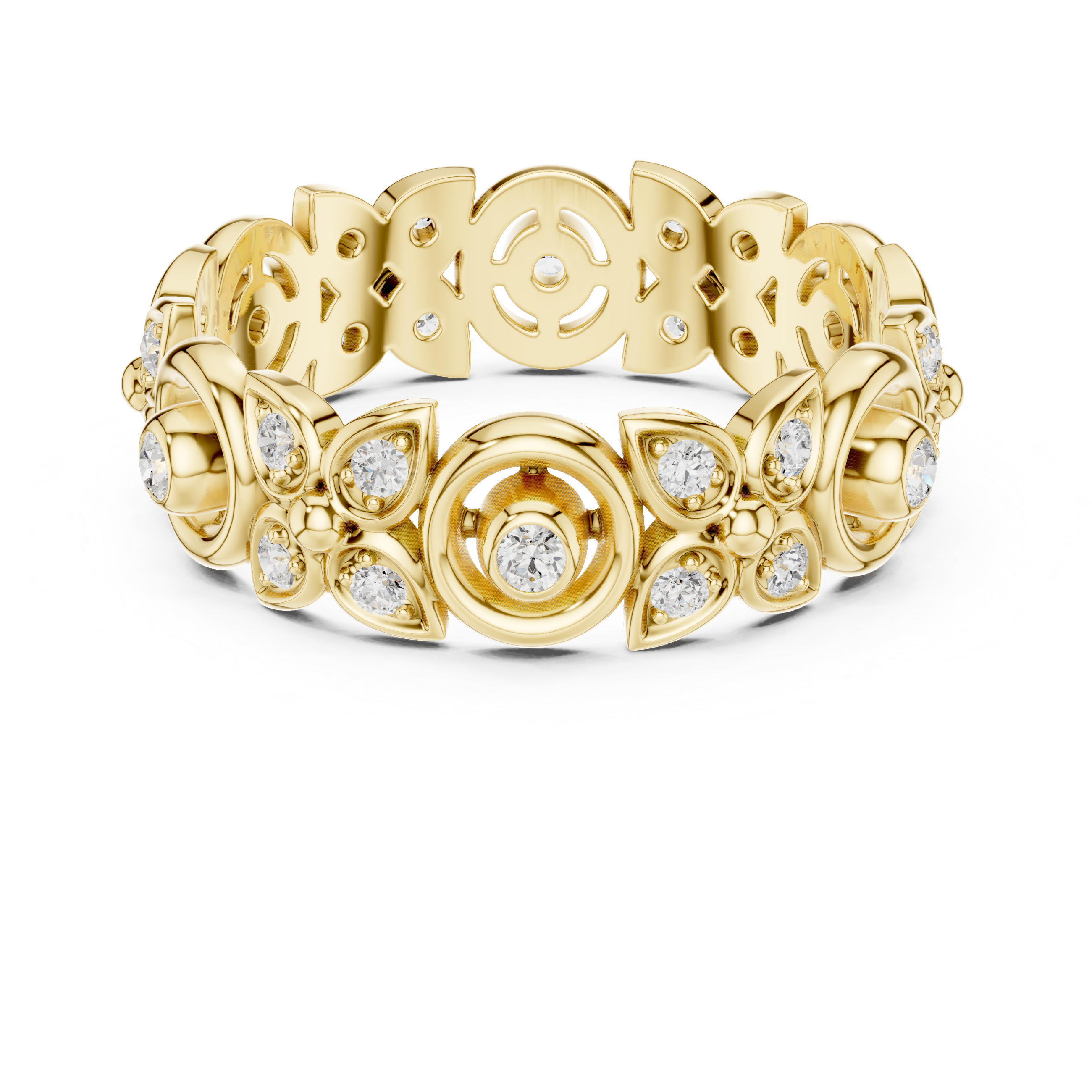 Vintage Floral Diamond Eternity Ring – Open Circle & Flower Pattern Band in Yellow Gold