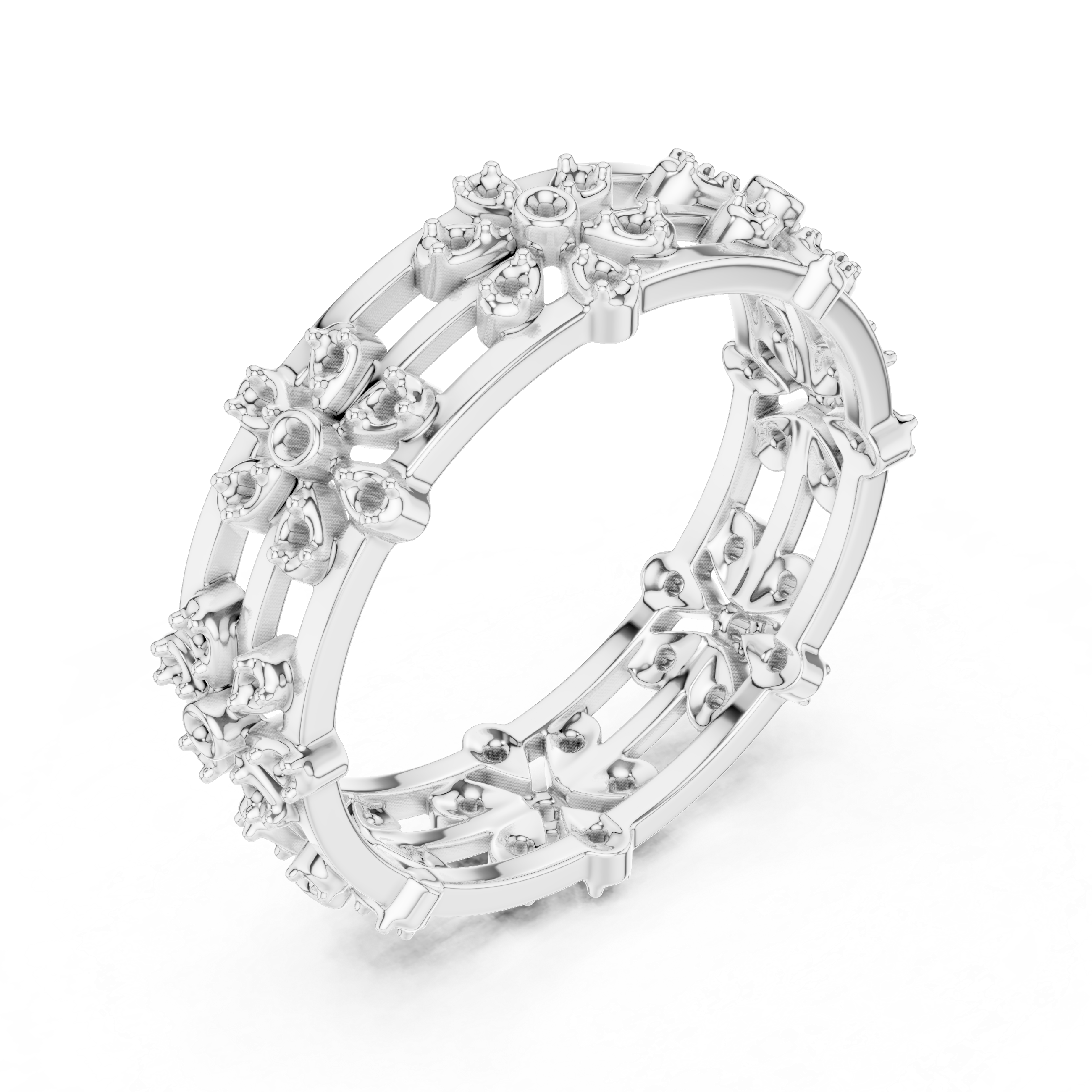Floral Diamond Eternity Ring – Openwork Multi Flower Band Ring in Yellow Gold