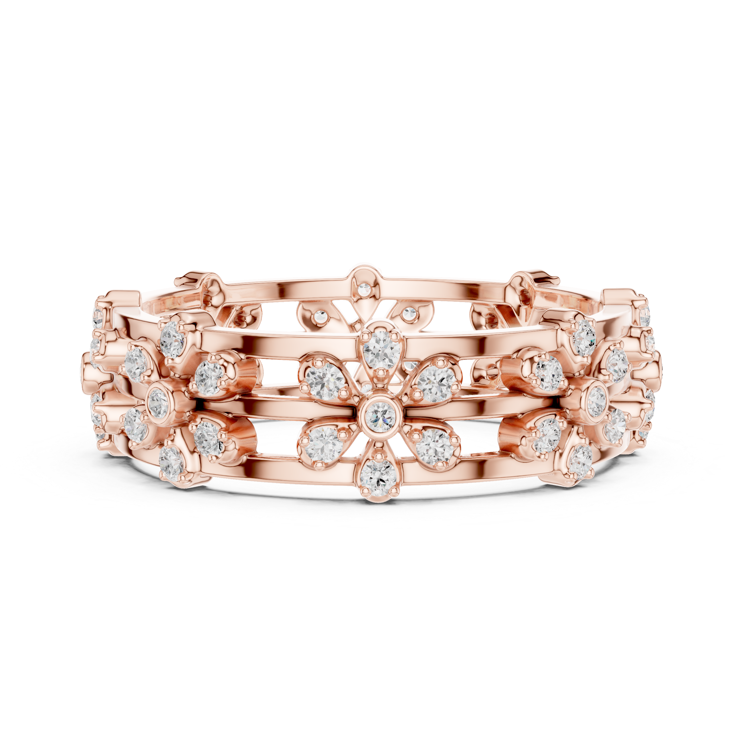 Floral Diamond Eternity Ring – Openwork Multi Flower Band Ring in Yellow Gold