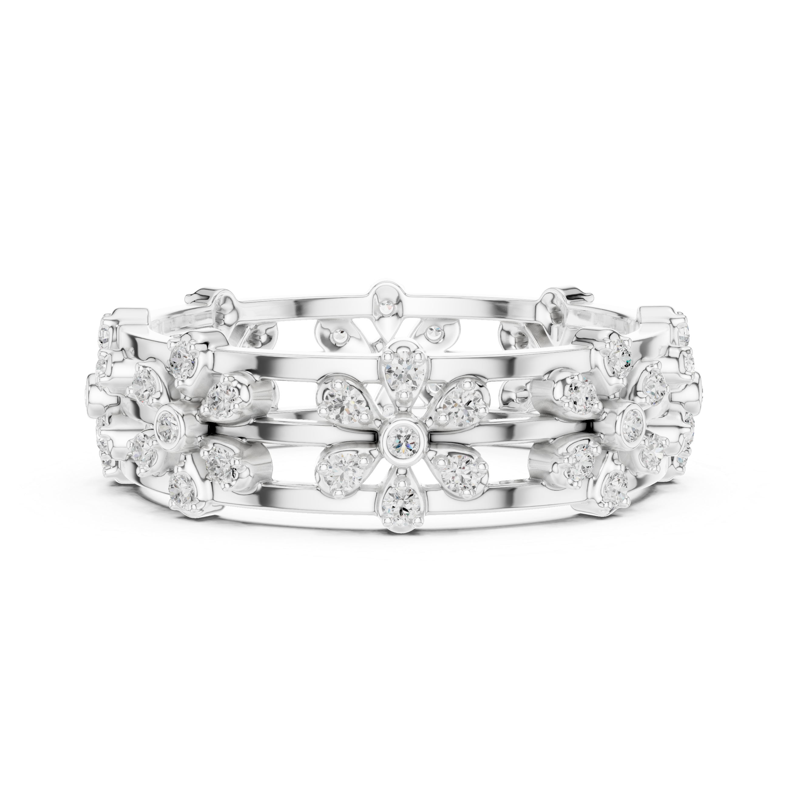 Floral Diamond Eternity Ring – Openwork Multi Flower Band Ring in Yellow Gold