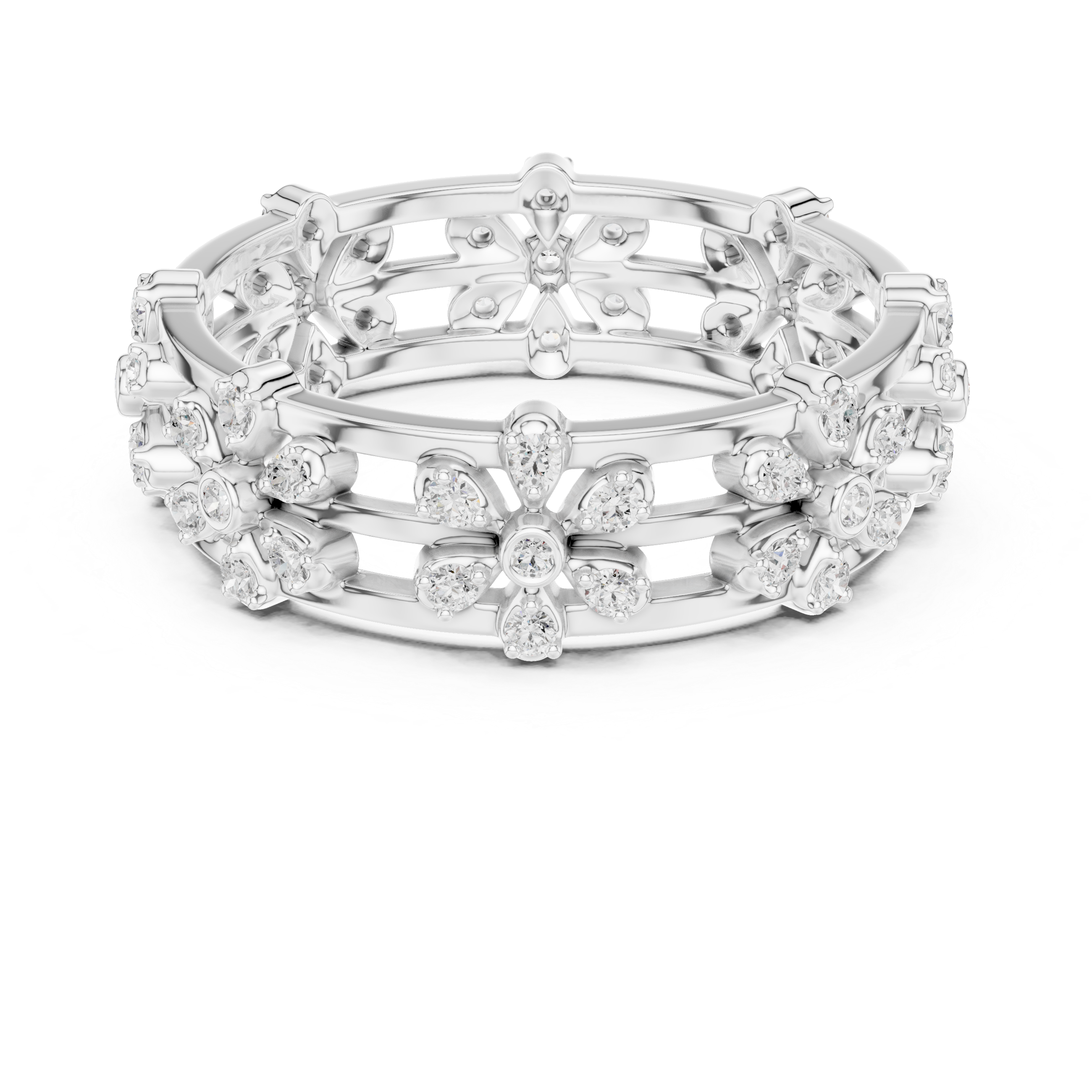 Floral Diamond Eternity Ring – Openwork Multi Flower Band Ring in Yellow Gold