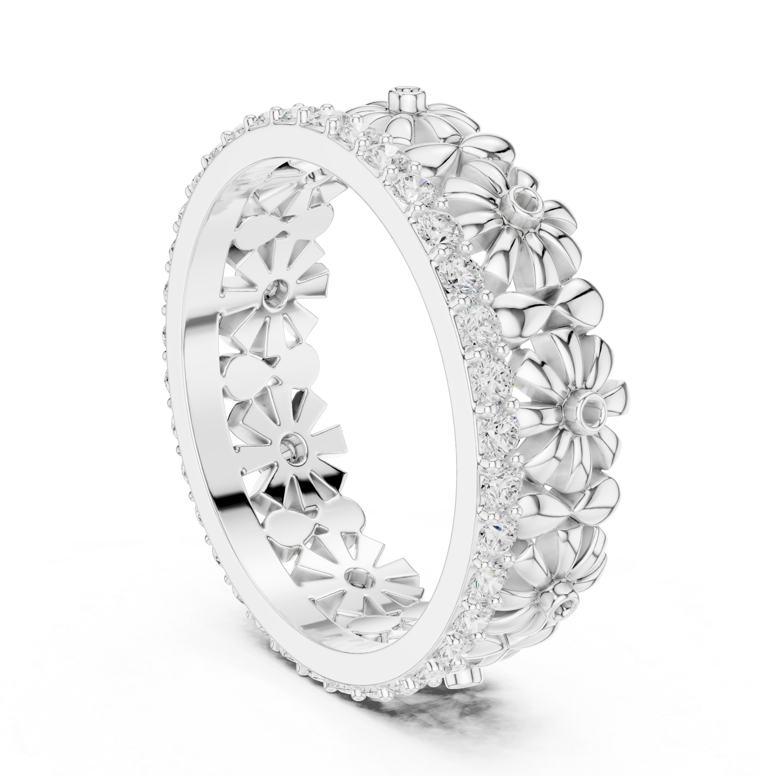 Floral Diamond Eternity Band Ring – Romantic Flower Inspired Designer Wedding Band