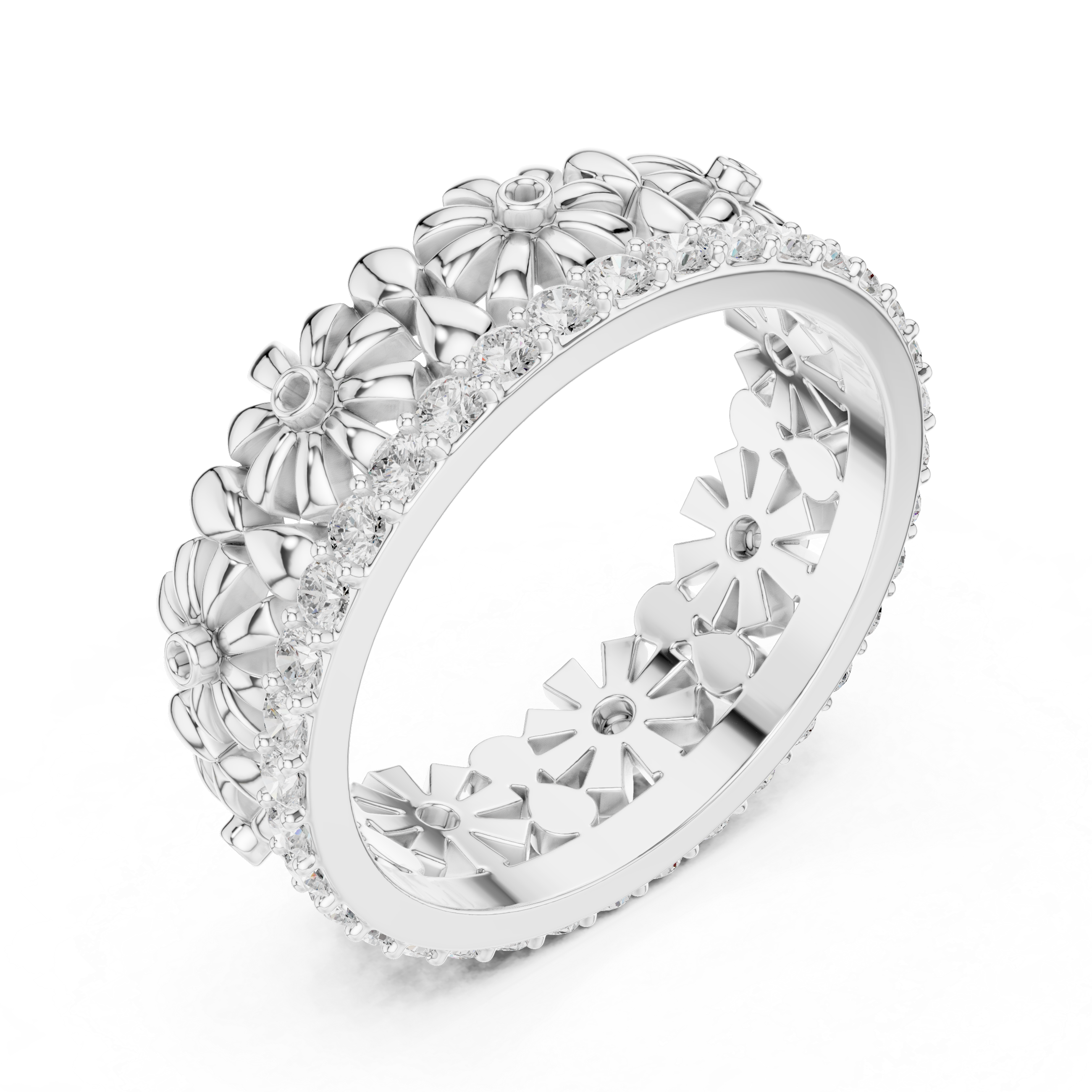 Floral Diamond Eternity Band Ring – Romantic Flower Inspired Designer Wedding Band