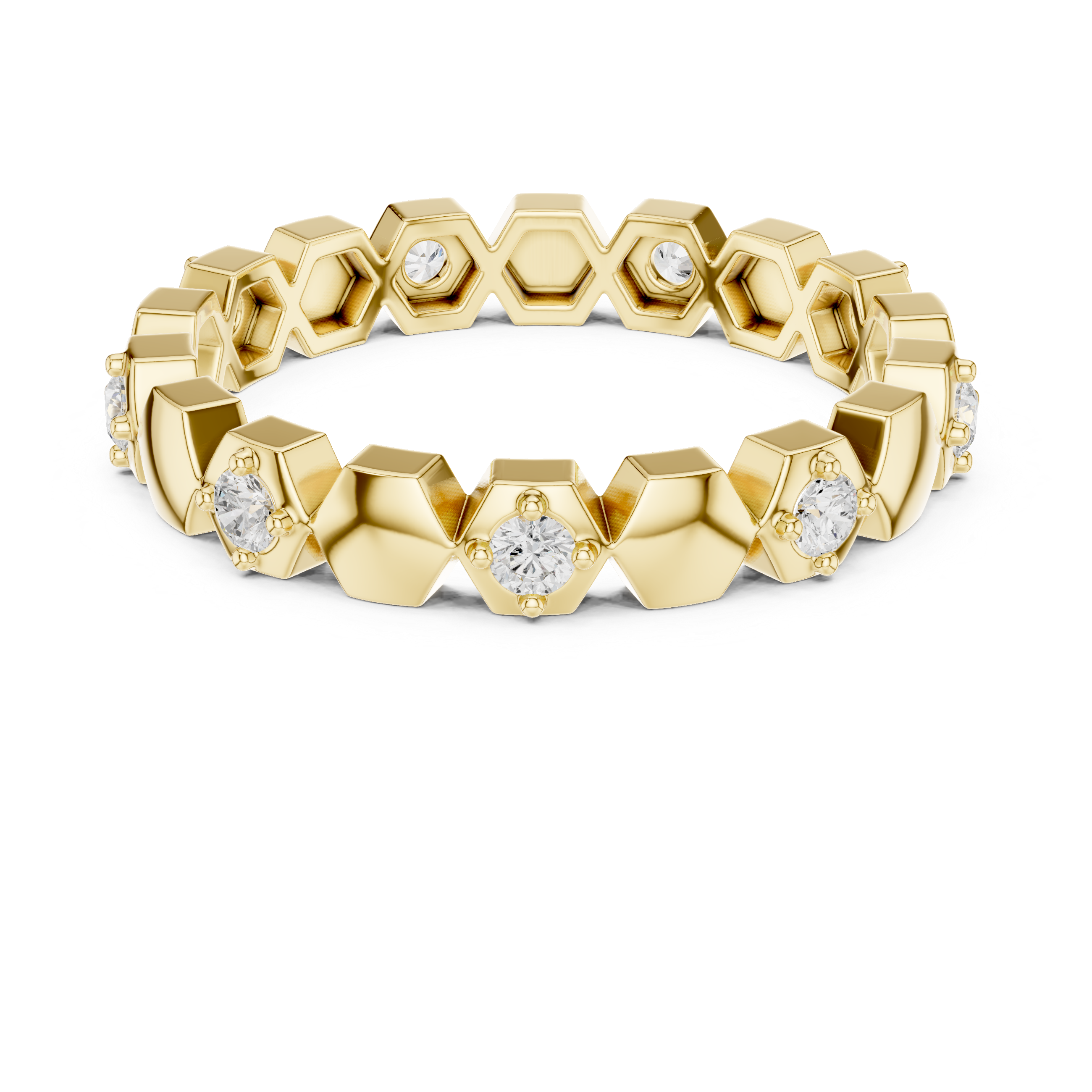Minimalist Hexagon Diamond Eternity Ring – Modern Geometric Gold Band