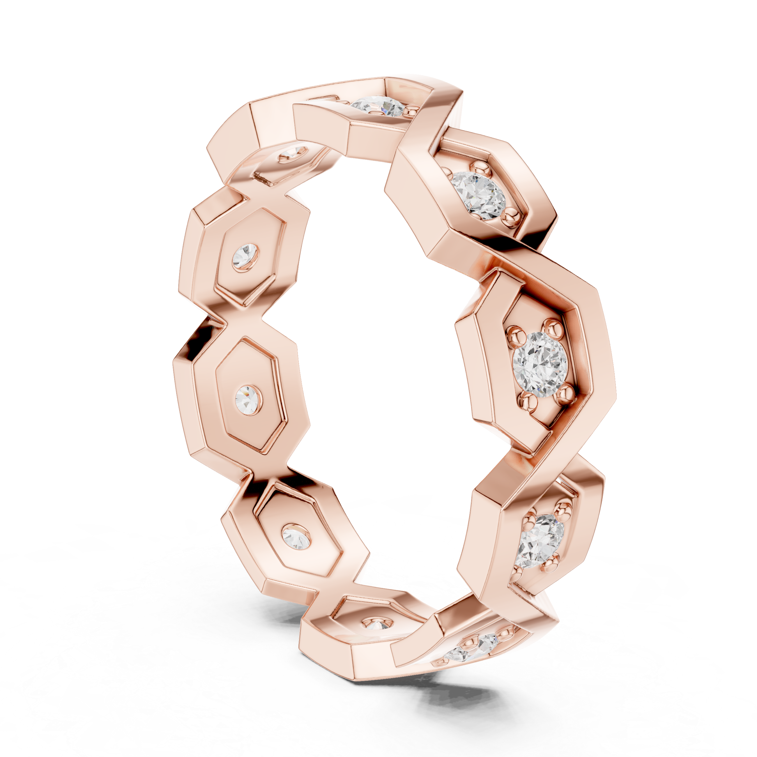 Geometric Hexagon Diamond Ring – Modern Openwork Gold Eternity Band