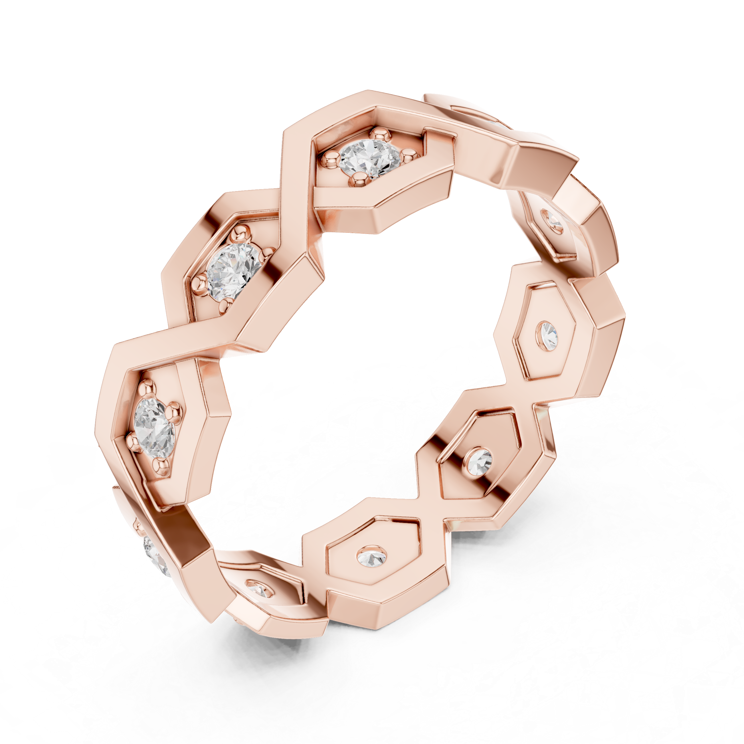 Geometric Hexagon Diamond Ring – Modern Openwork Gold Eternity Band