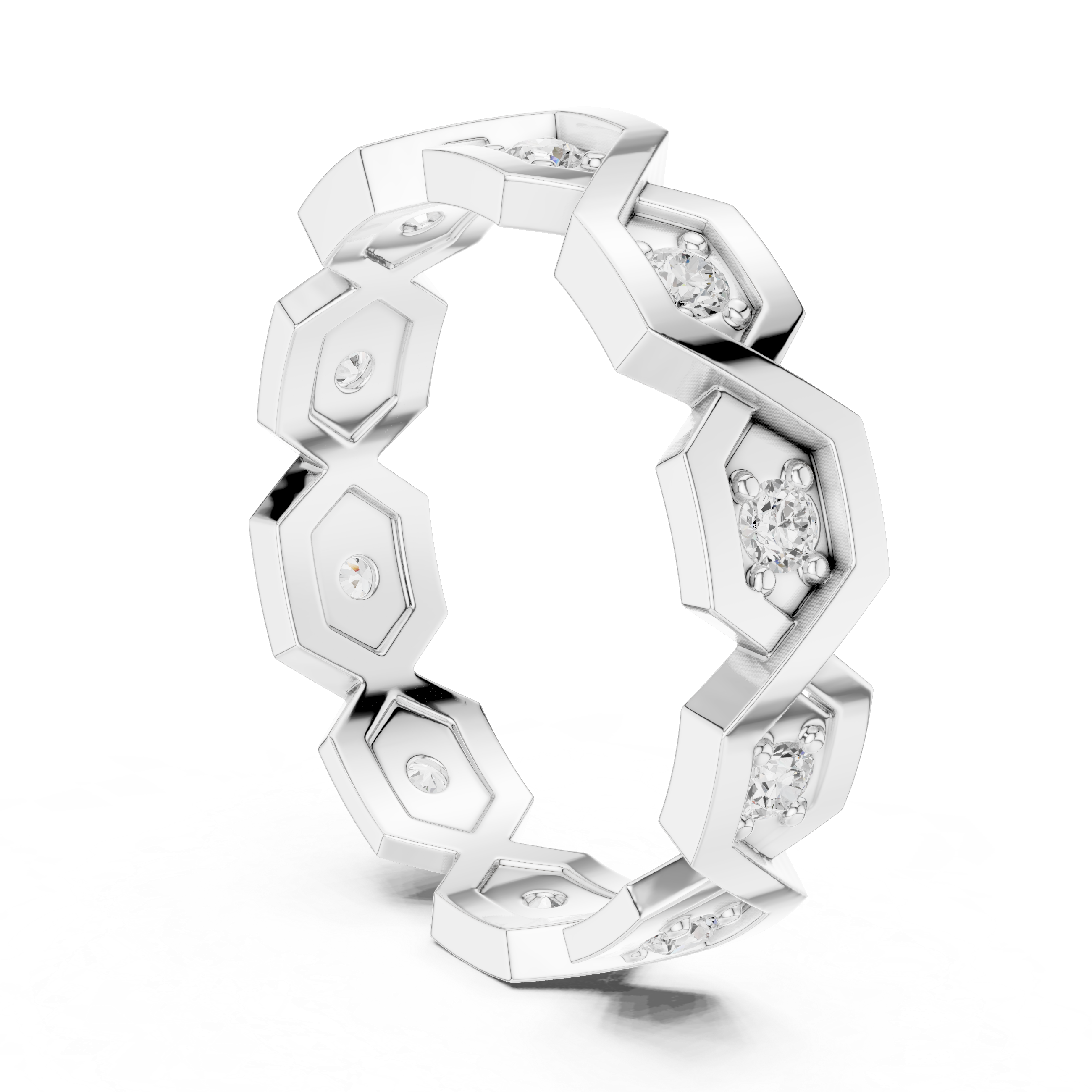 Geometric Hexagon Diamond Ring – Modern Openwork Gold Eternity Band