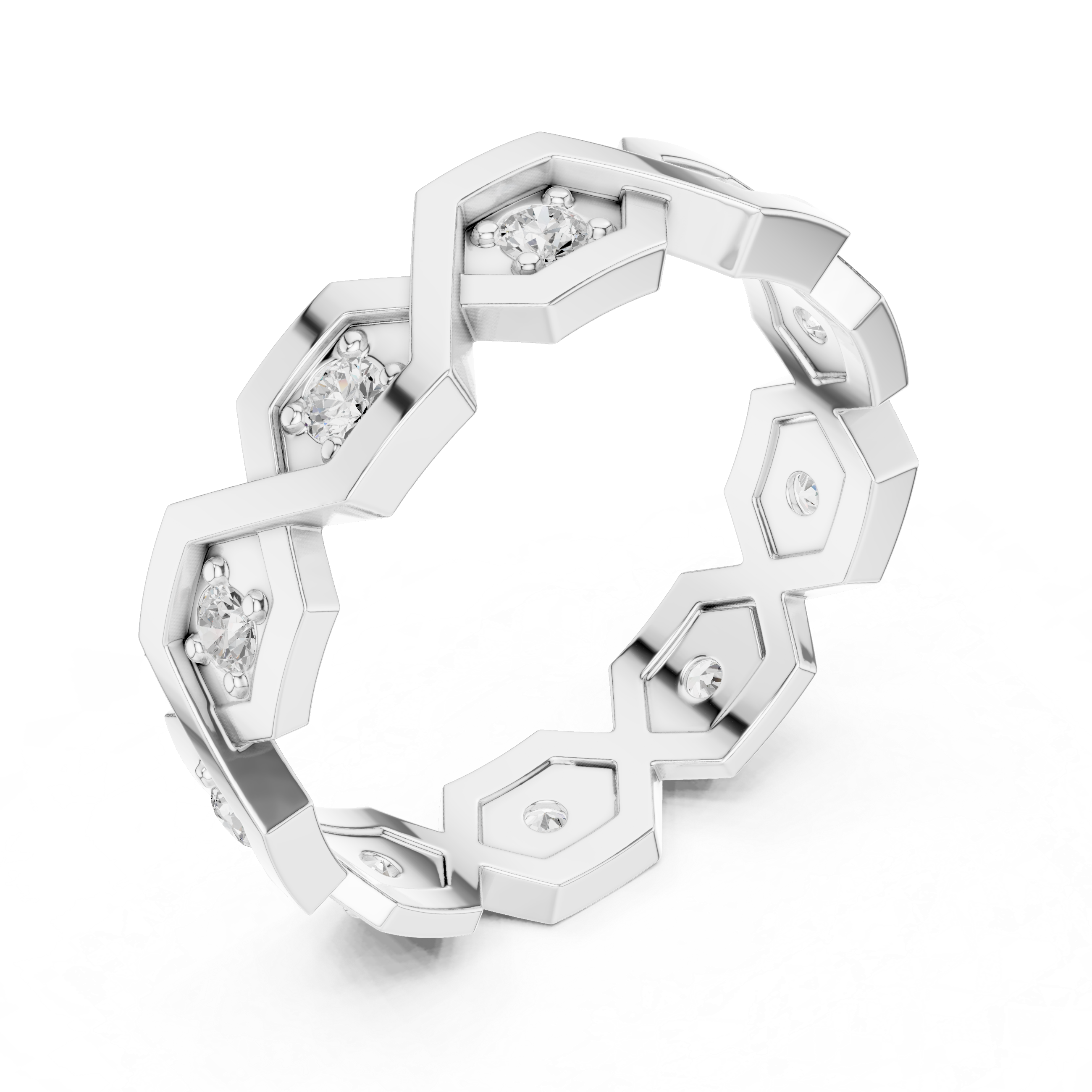 Geometric Hexagon Diamond Ring – Modern Openwork Gold Eternity Band