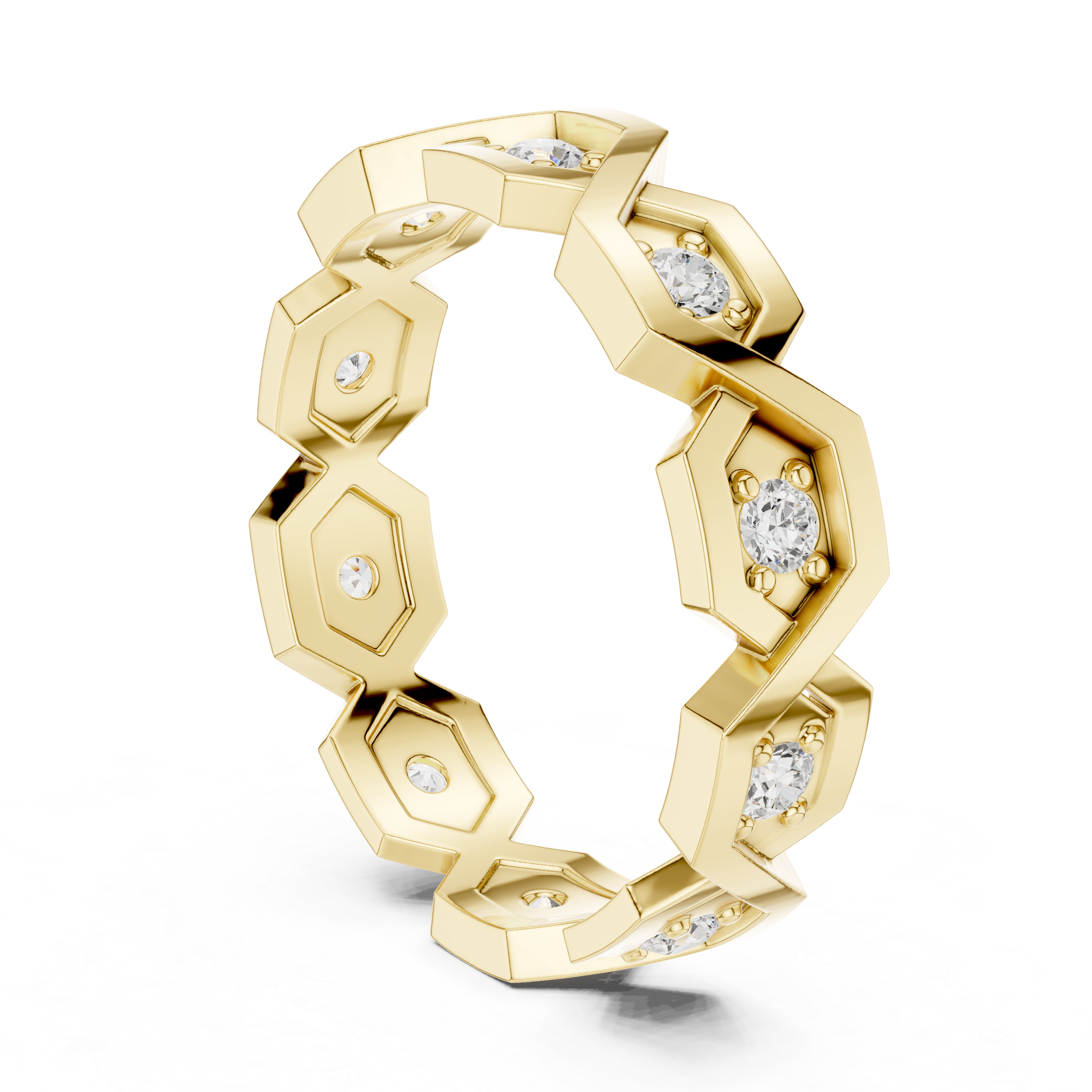 Geometric Hexagon Diamond Ring – Modern Openwork Gold Eternity Band
