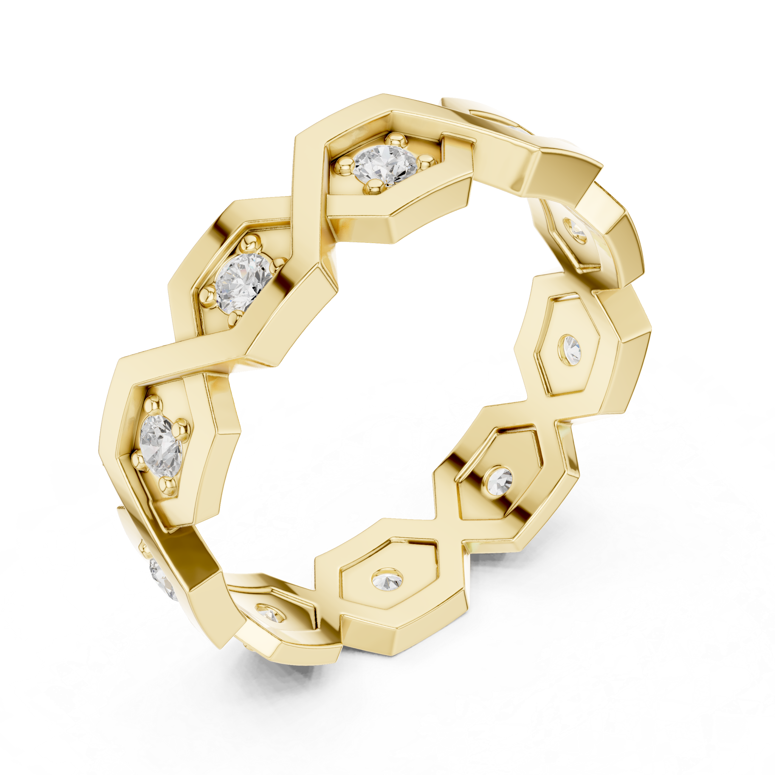 Geometric Hexagon Diamond Ring – Modern Openwork Gold Eternity Band