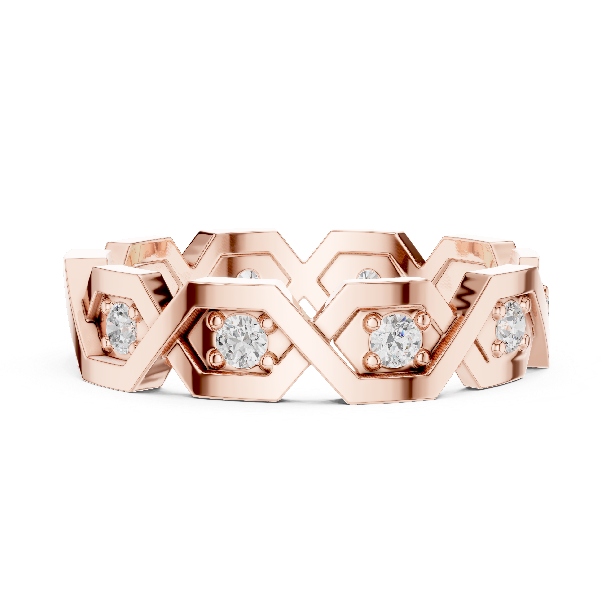 Geometric Hexagon Diamond Ring – Modern Openwork Gold Eternity Band