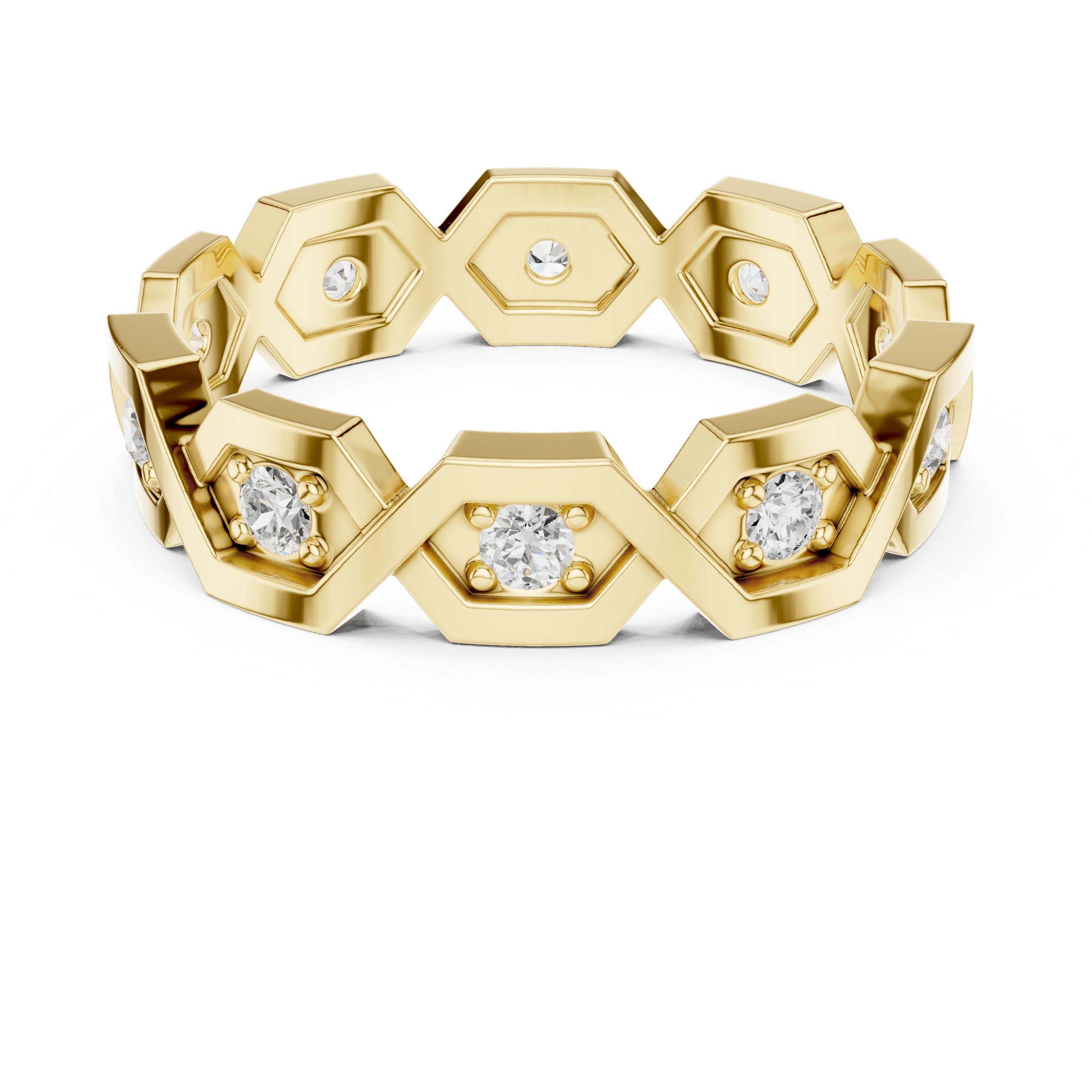 Geometric Hexagon Diamond Ring – Modern Openwork Gold Eternity Band