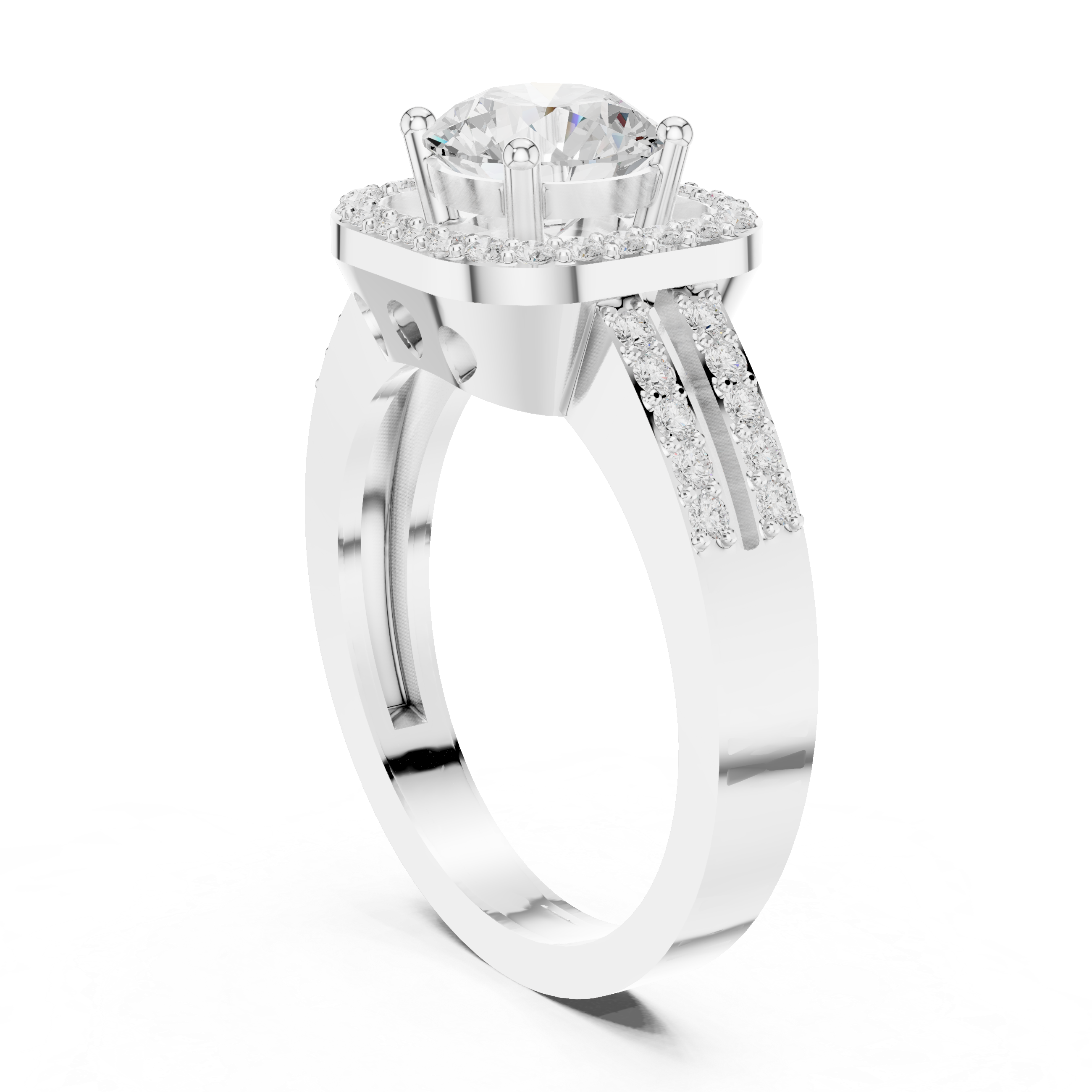 Round Halo Engagement Ring with Double Pavé Split Shank – Cushion Halo Diamond Ring