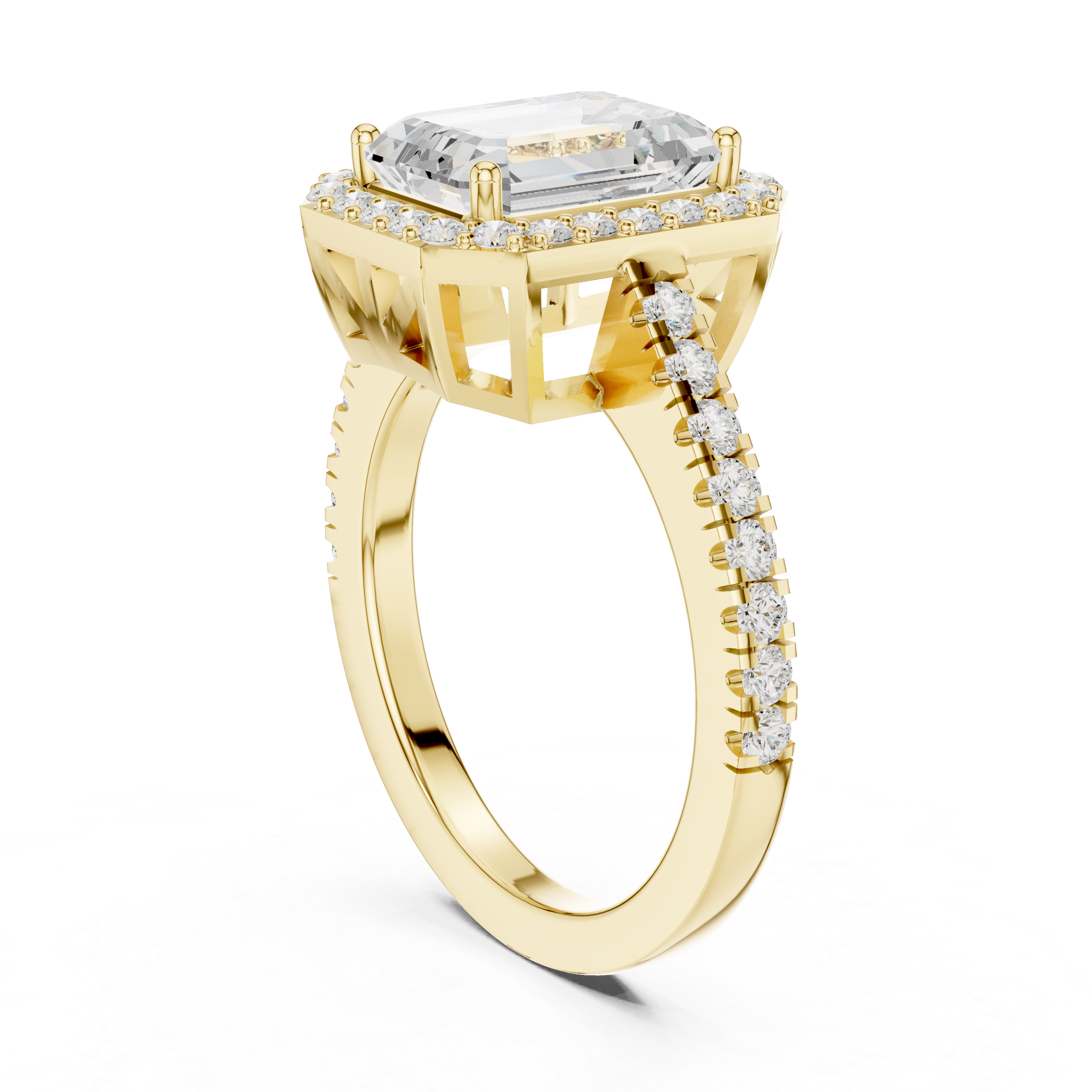 Emerald Cut Halo Engagement Ring with Pavé Diamond Band – Vintage Inspired Gold Ring