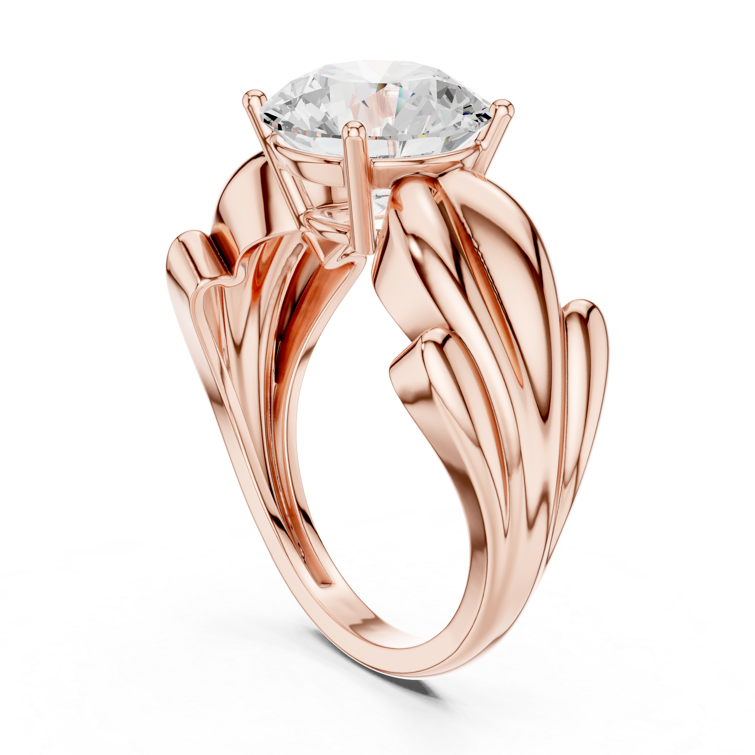 Round Solitaire Engagement Ring with Sculpted Leaf Shoulders – Nature Inspired Gold Diamond Ring
