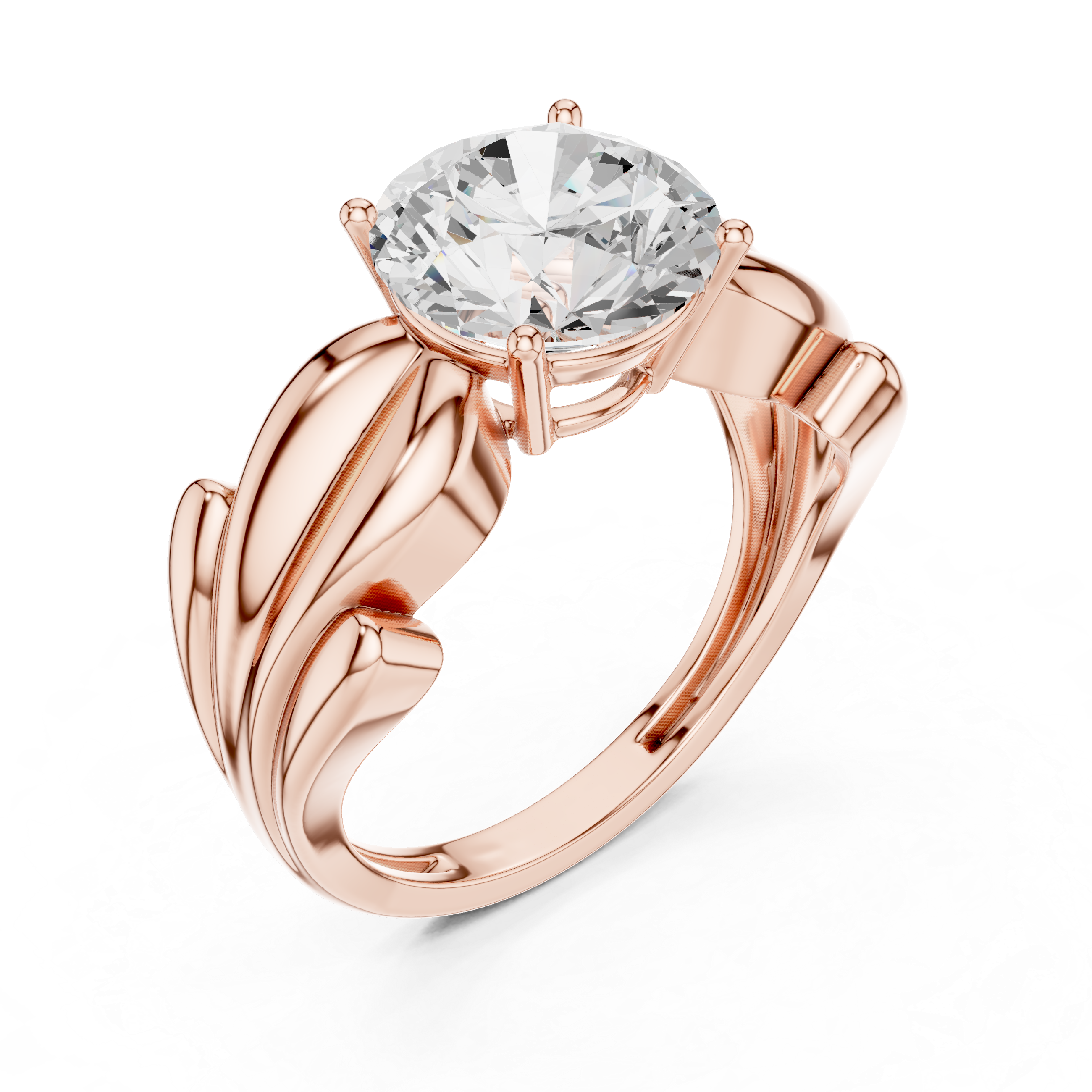 Round Solitaire Engagement Ring with Sculpted Leaf Shoulders – Nature Inspired Gold Diamond Ring