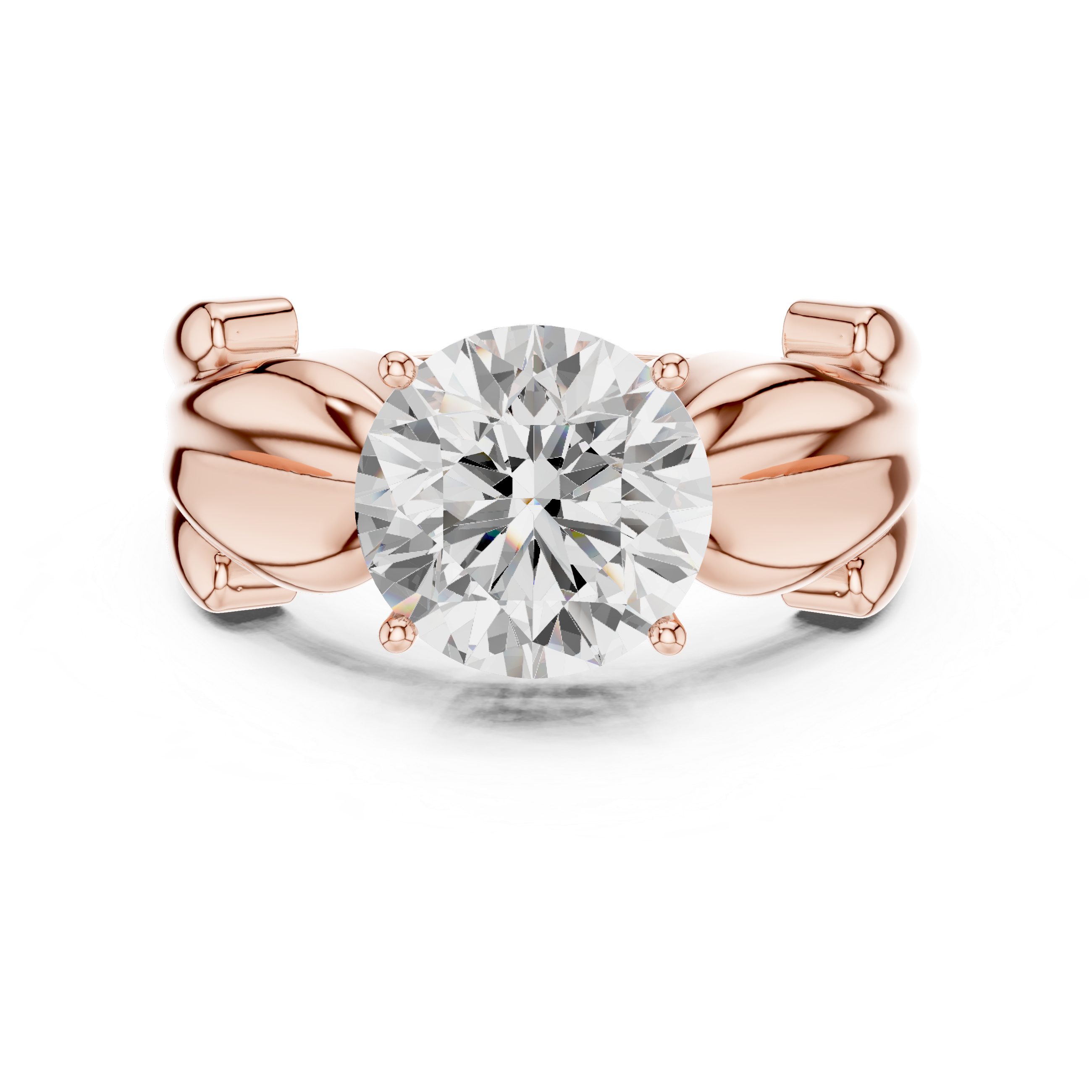 Round Solitaire Engagement Ring with Sculpted Leaf Shoulders – Nature Inspired Gold Diamond Ring