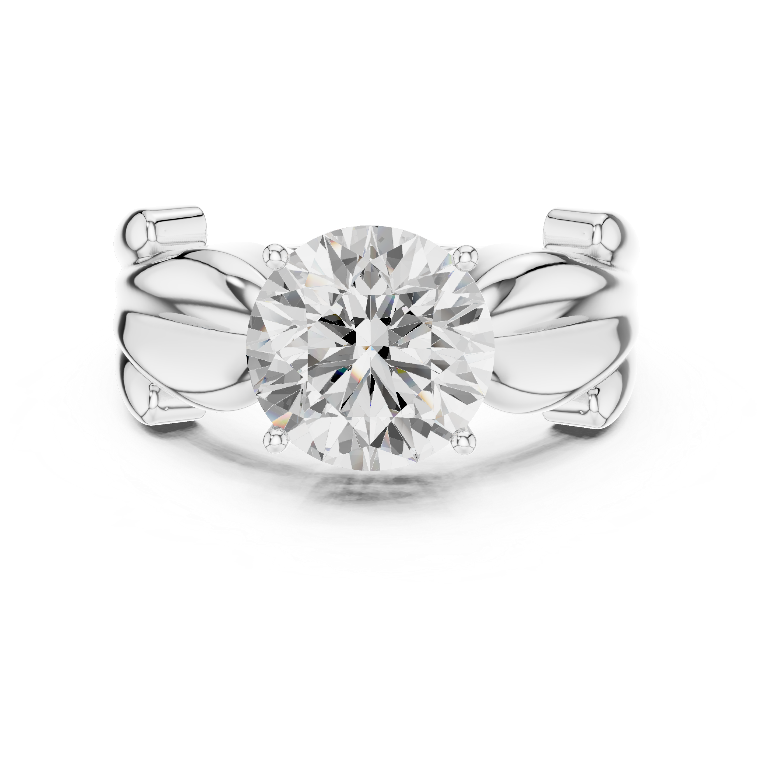 Round Solitaire Engagement Ring with Sculpted Leaf Shoulders – Nature Inspired Gold Diamond Ring