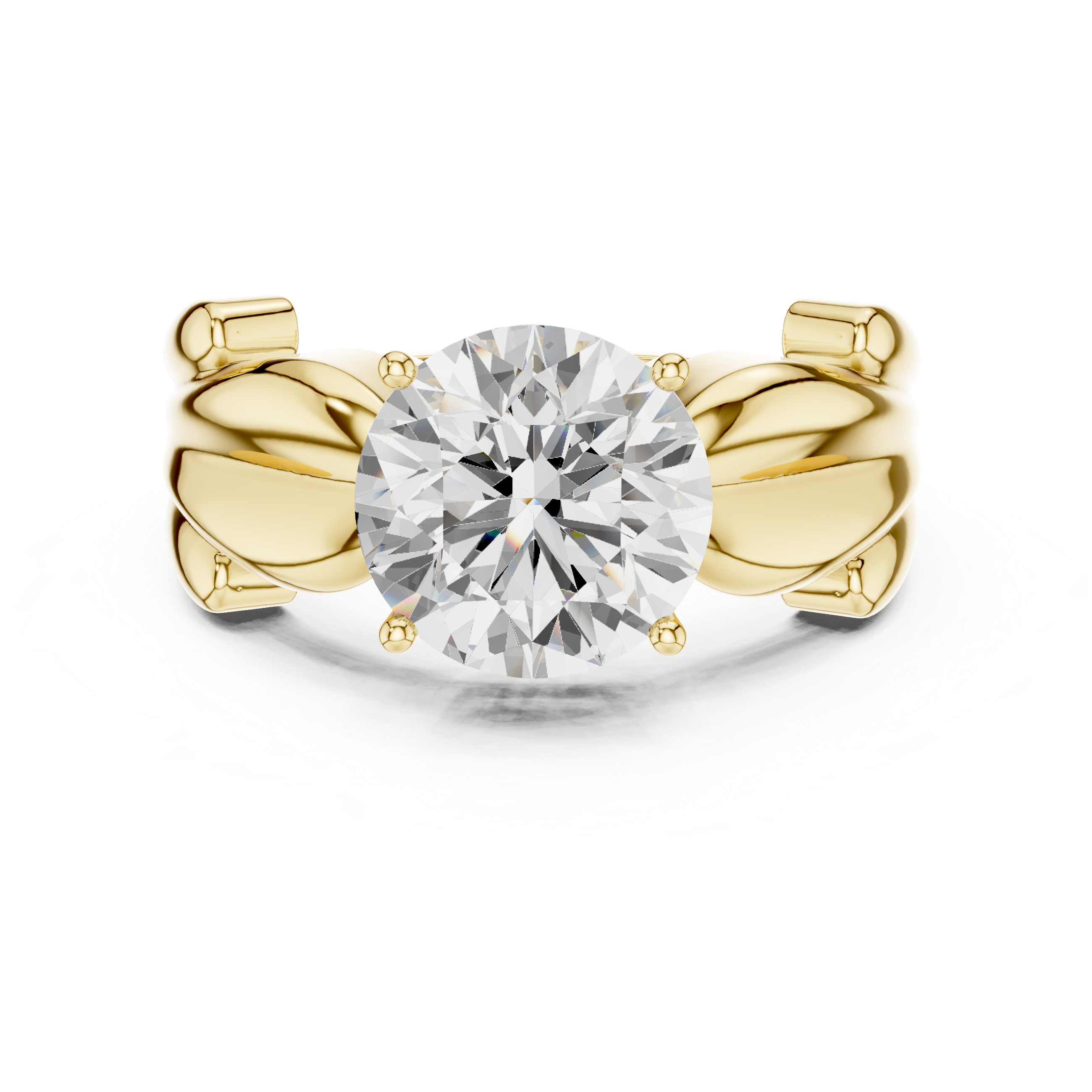 Round Solitaire Engagement Ring with Sculpted Leaf Shoulders – Nature Inspired Gold Diamond Ring
