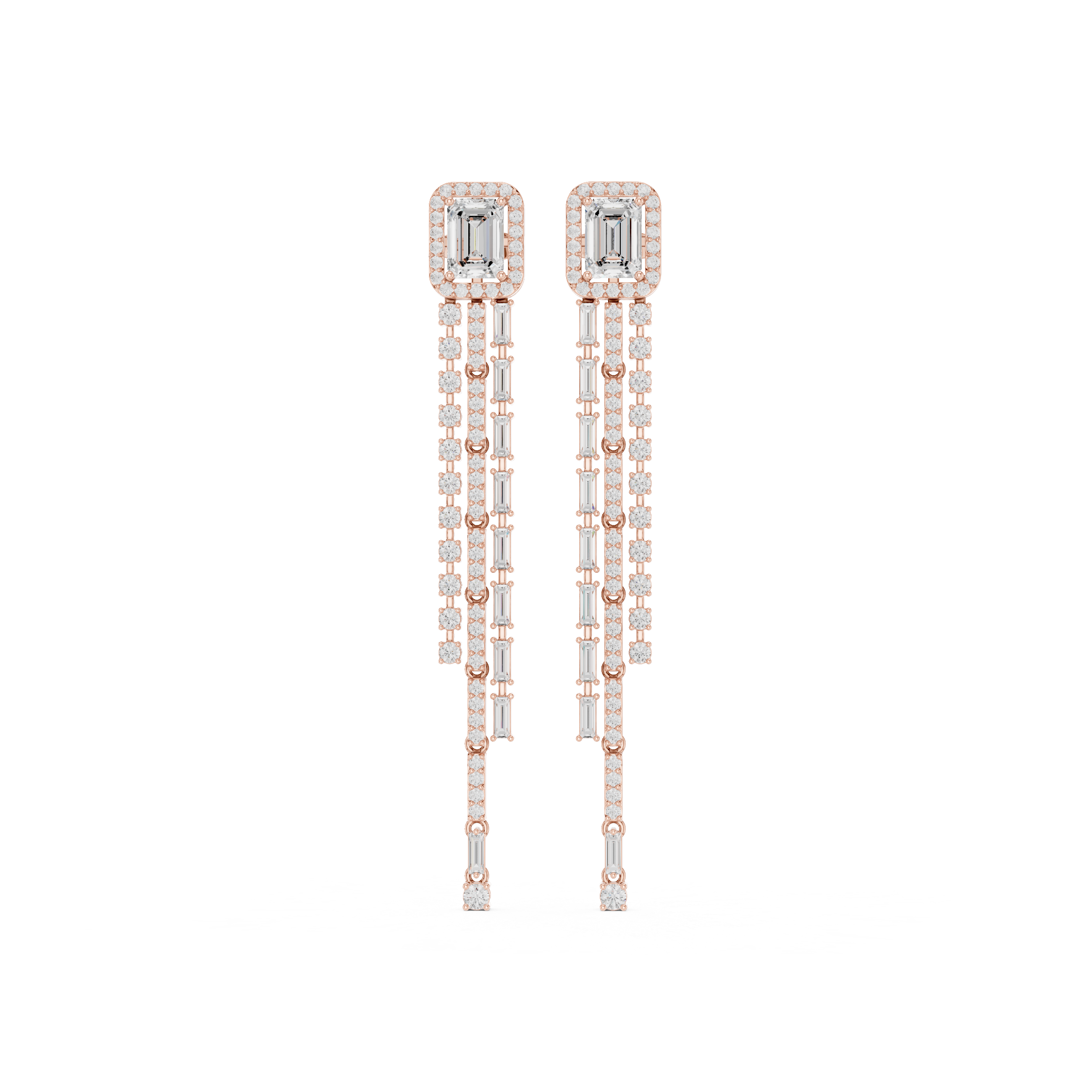 Emerald Cut Diamond Multi-Line Drop Earrings