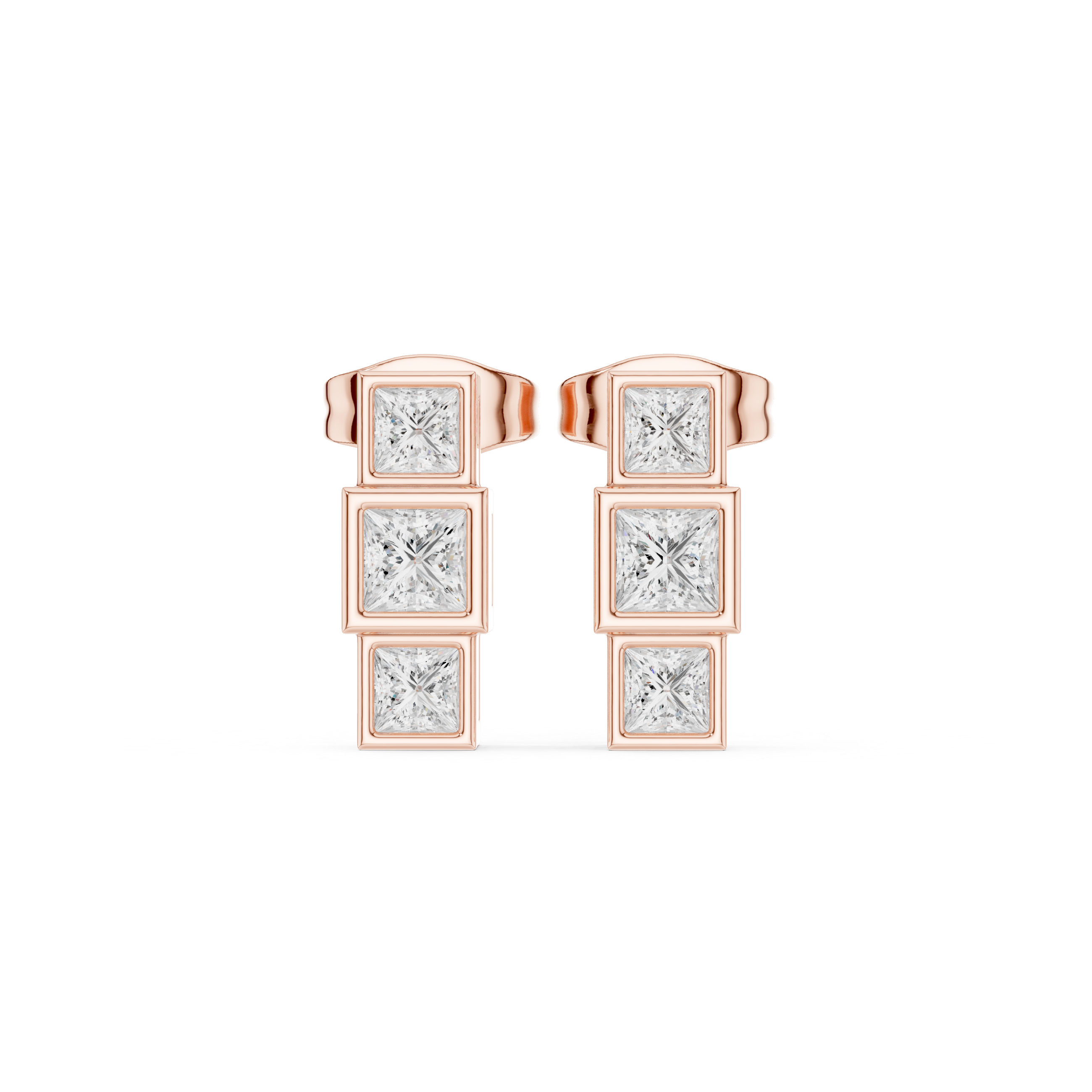 Princess Cut Three-Stone Vertical Drop Earrings