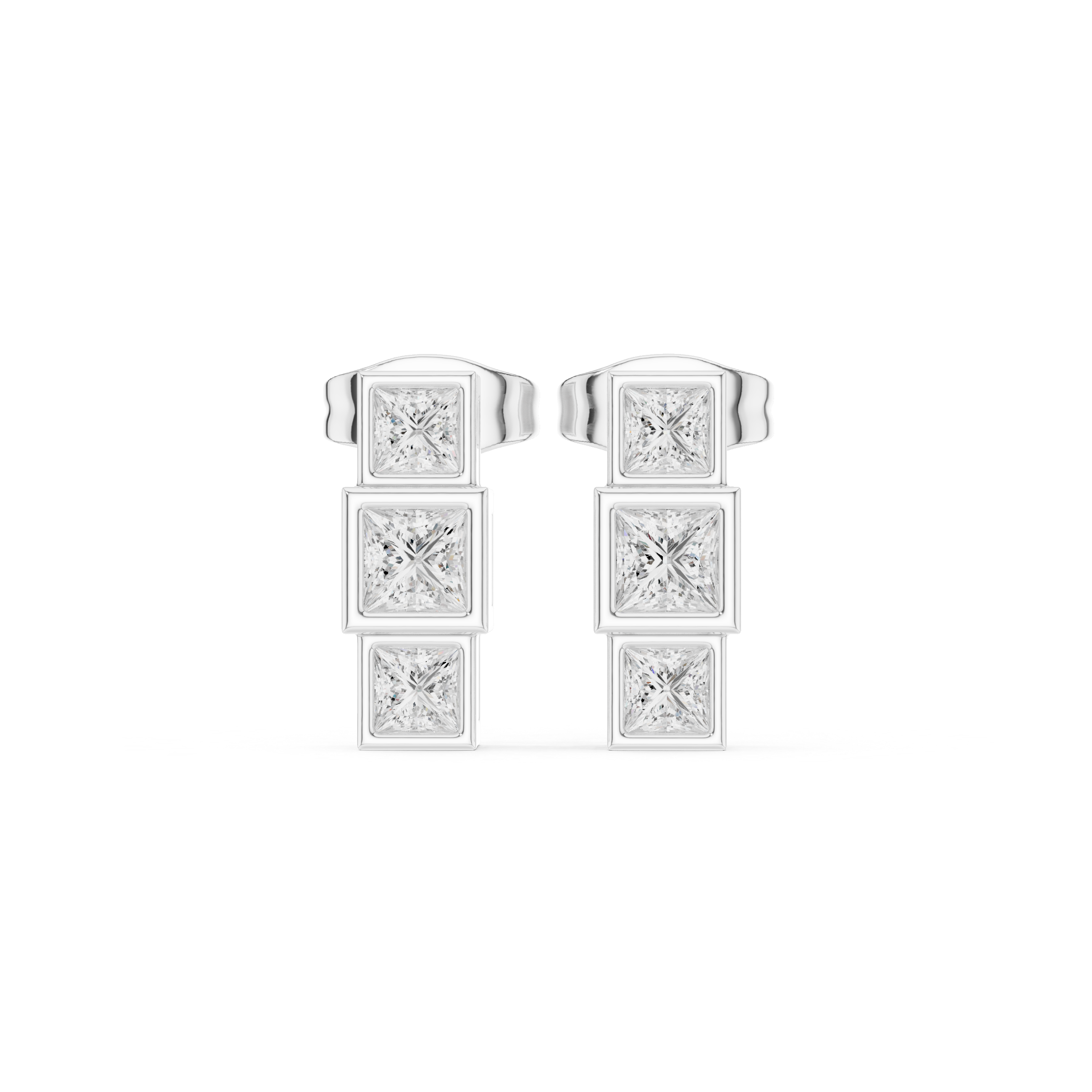 Princess Cut Three-Stone Vertical Drop Earrings