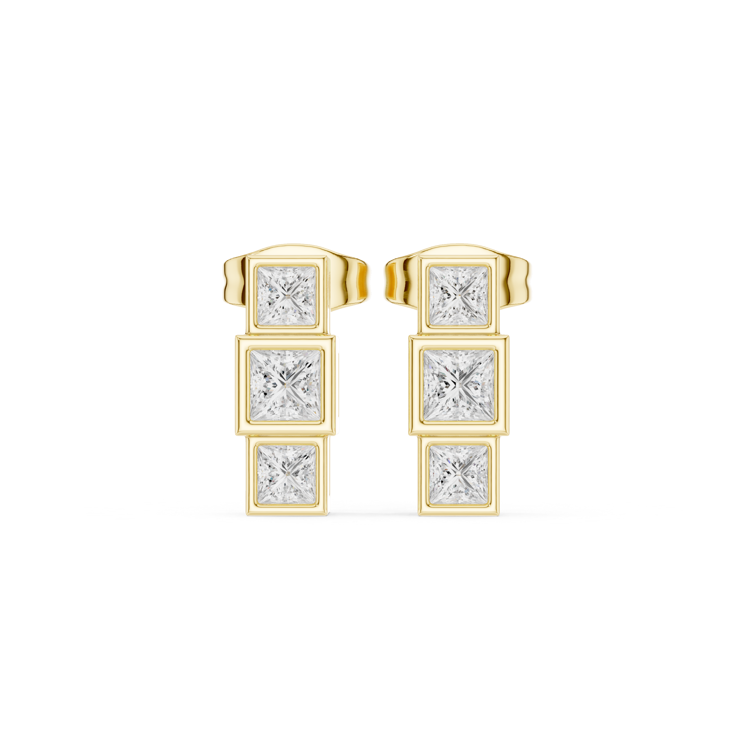 Princess Cut Three-Stone Vertical Drop Earrings