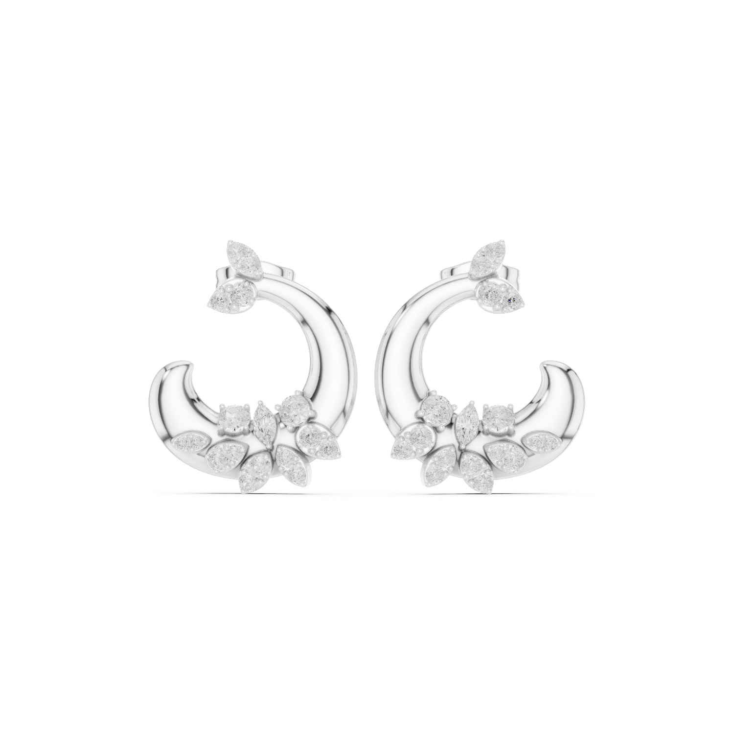 Diamond Crescent Floral Stud Earrings